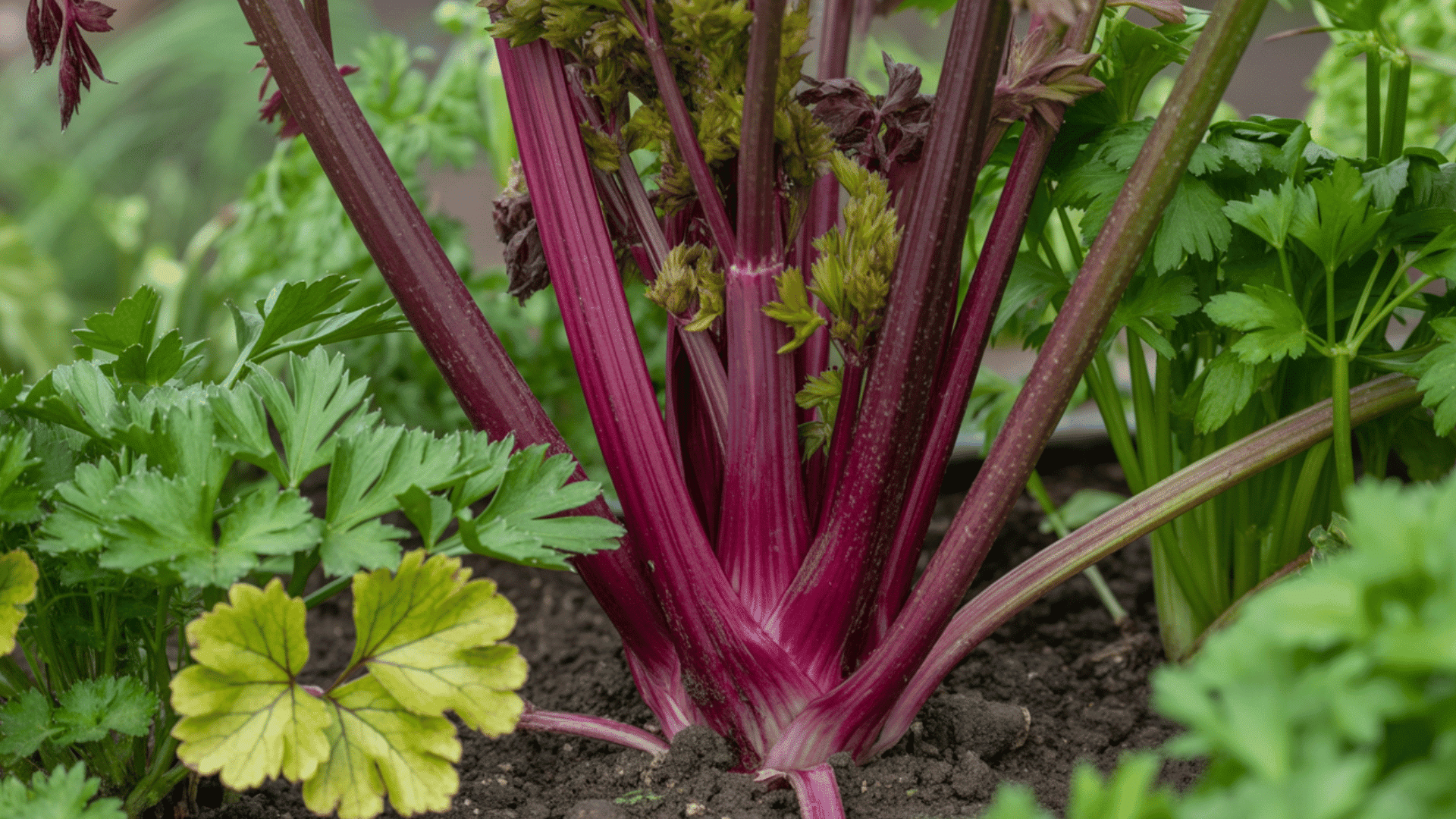vibrant pink-purple celery stalks growing in soil the celery stalks are thick and straight, with a deep magenta coloration