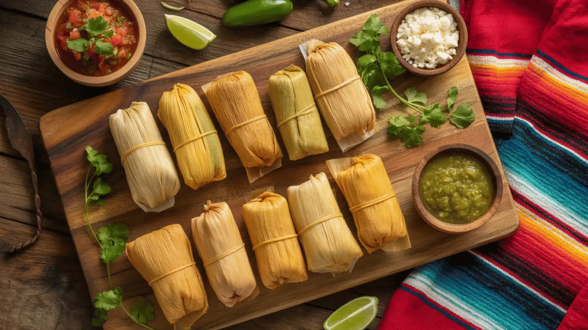 view of fresh tamales wrapped in natural corn husks on a rustic wooden cutting board