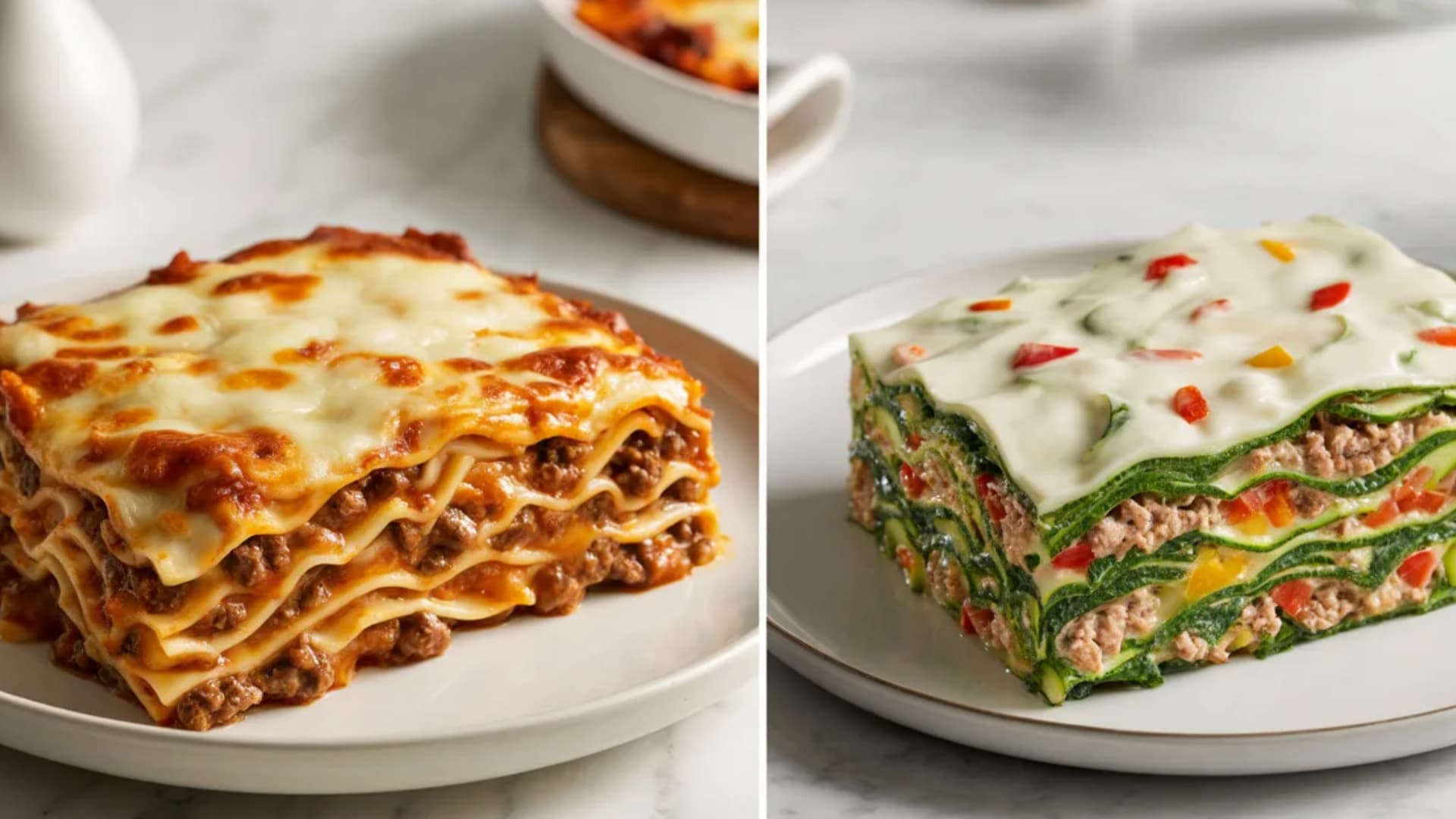 visual comparison of traditional lasagna versus a lighter version with lean meat, lower-fat cheese, and more vegetables