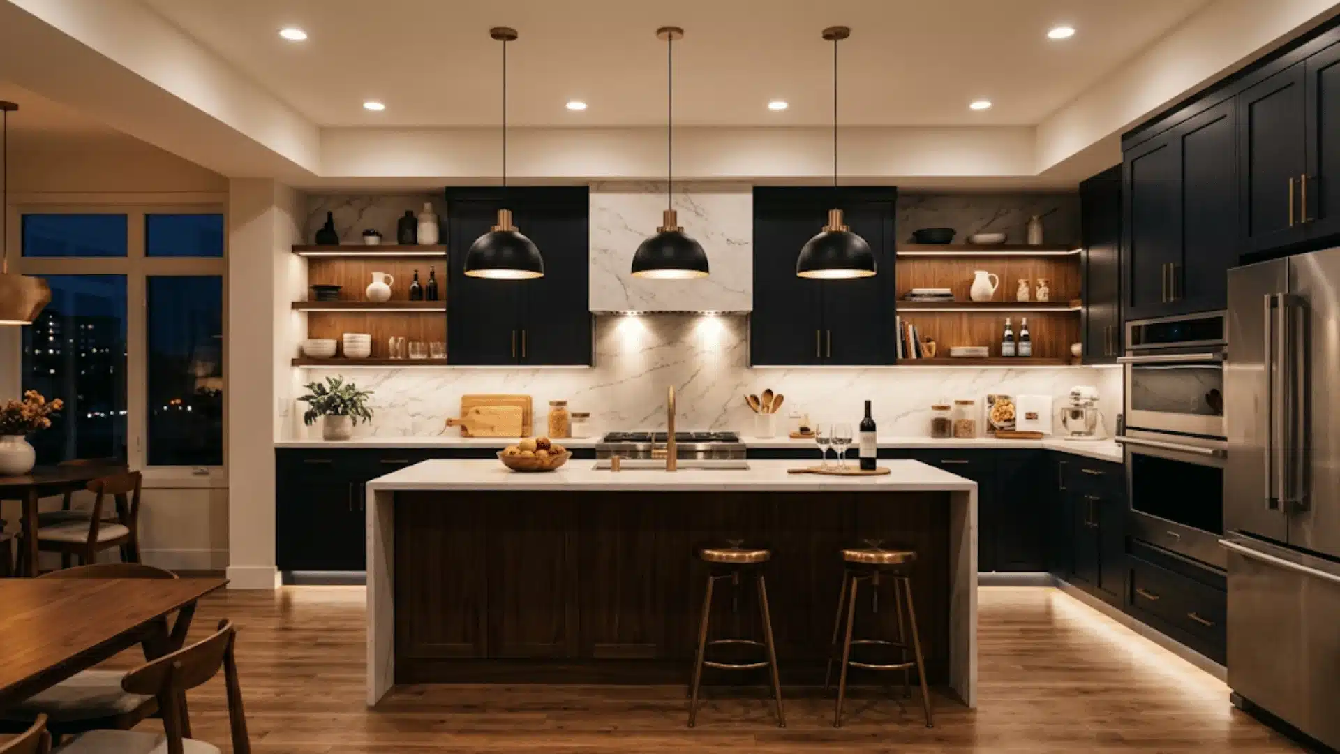 visualization of a complete kitchen lighting system, designed to balance functionality and ambiance