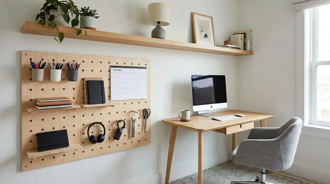 wall storage above desk holding supplies books and reminders in an organized layout