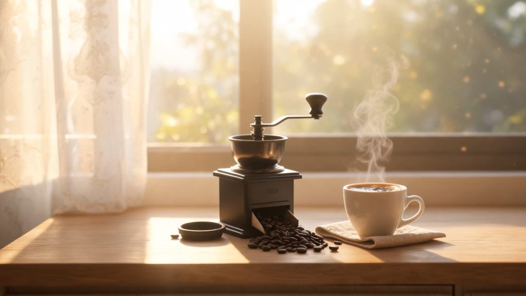 warm morning espresso scene with manual grinder fresh beans cup and sunlight streaming through window