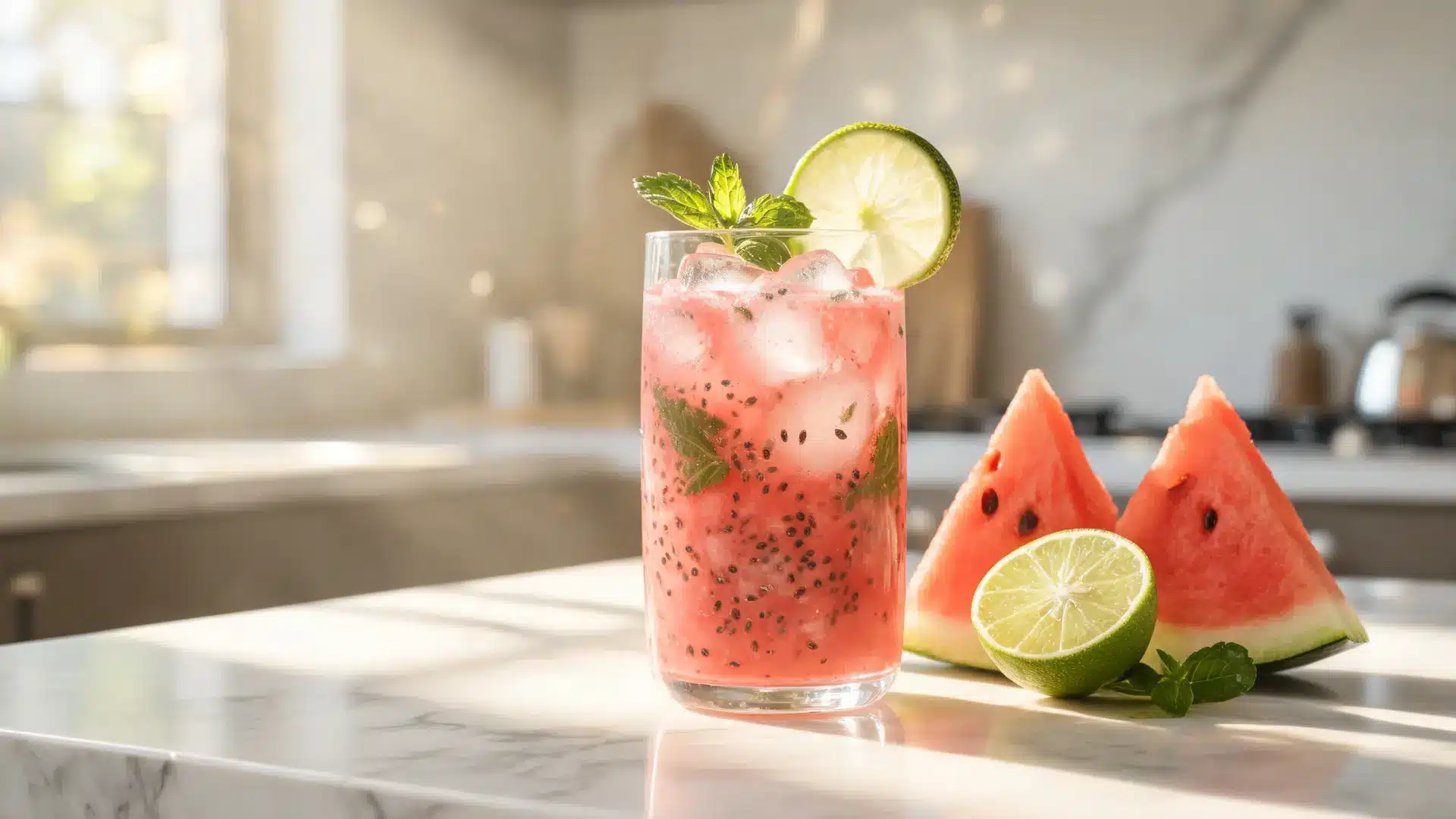 watermelon lime chia cooler with chia seeds, watermelon juice, lime slices, mint, and ice