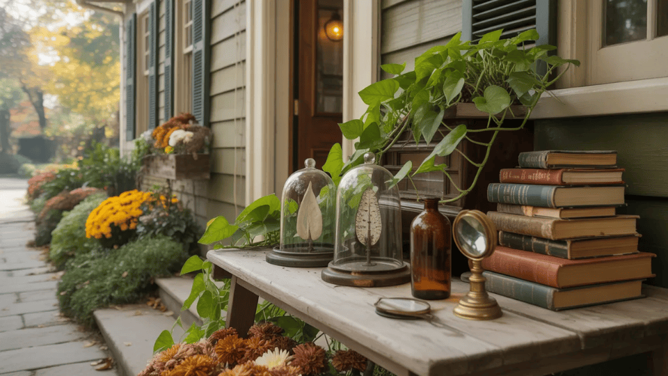 weathered outdoor table with glass cloches stacked books brass instruments and live pothos vines styled as a botanist display on a fall porch