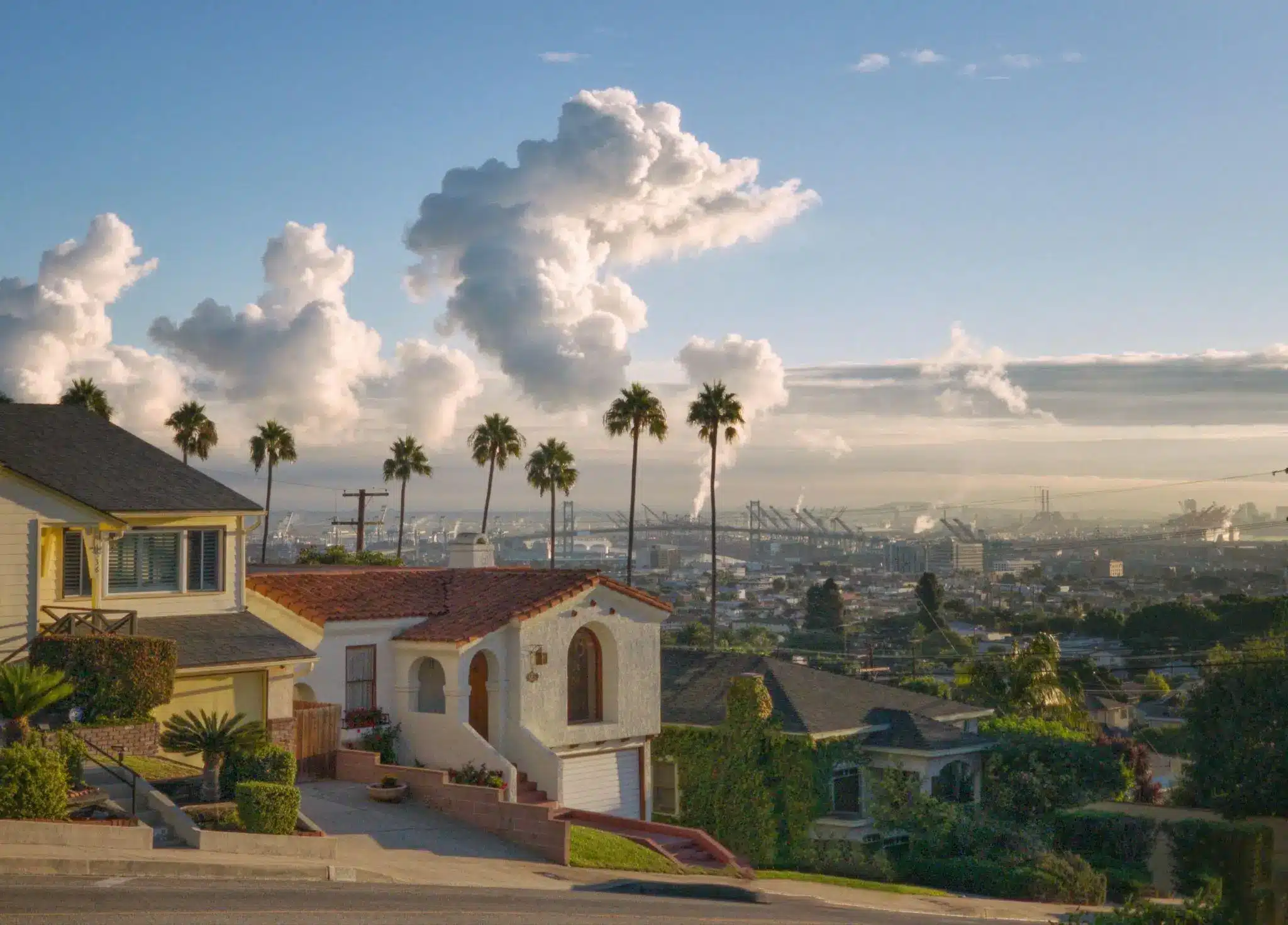 Houses with palm trees and cloudy sky overlooking industrial port in the distance
