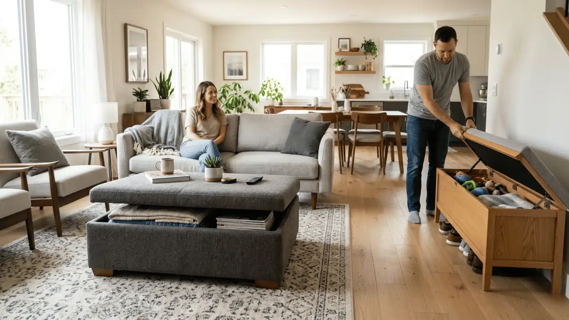 which accurately depicts the open-concept layout and multi-purpose furniture described