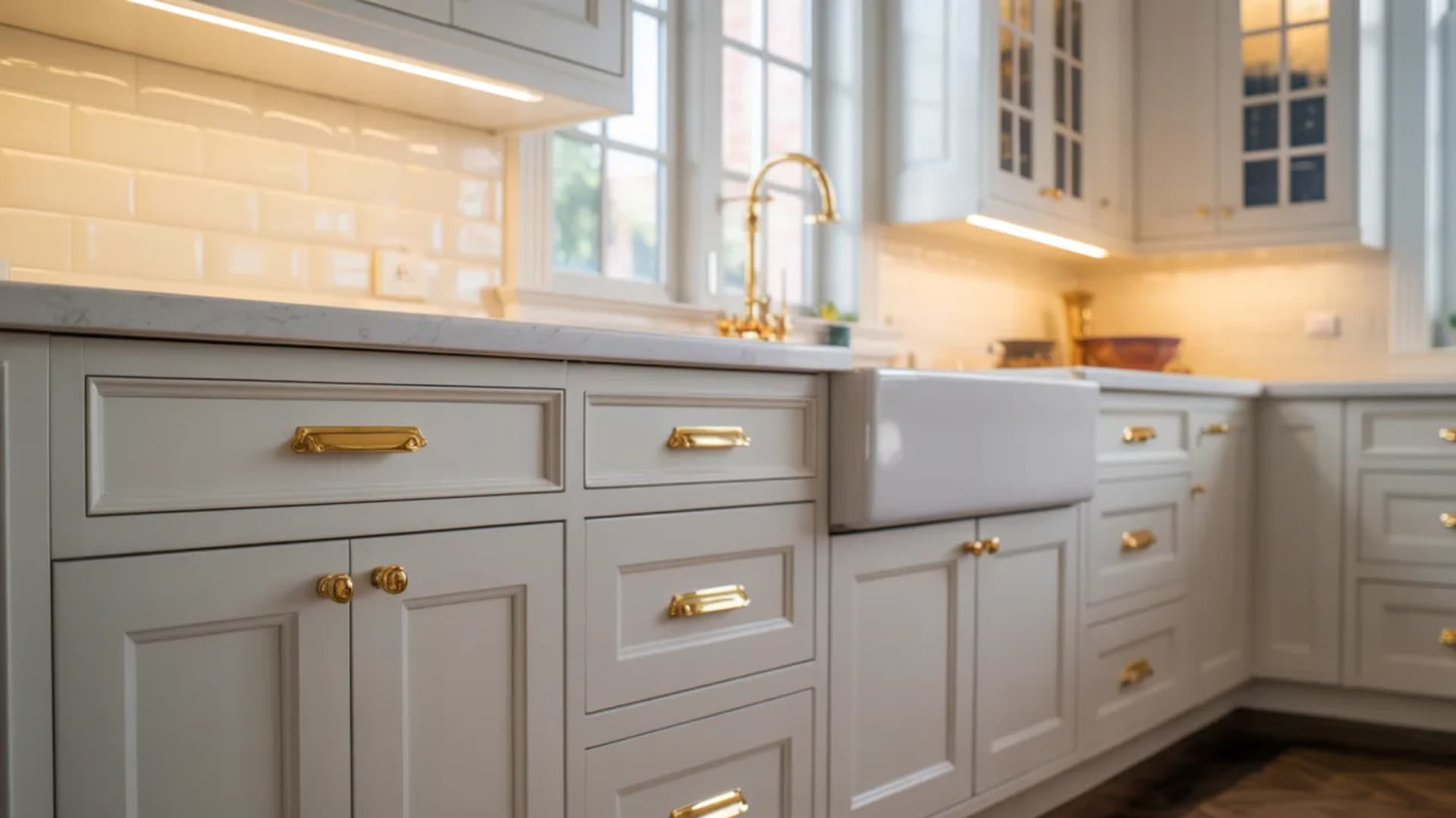 white cabinets paired with gold hardware create an instant luxury feel as this design choice can transform