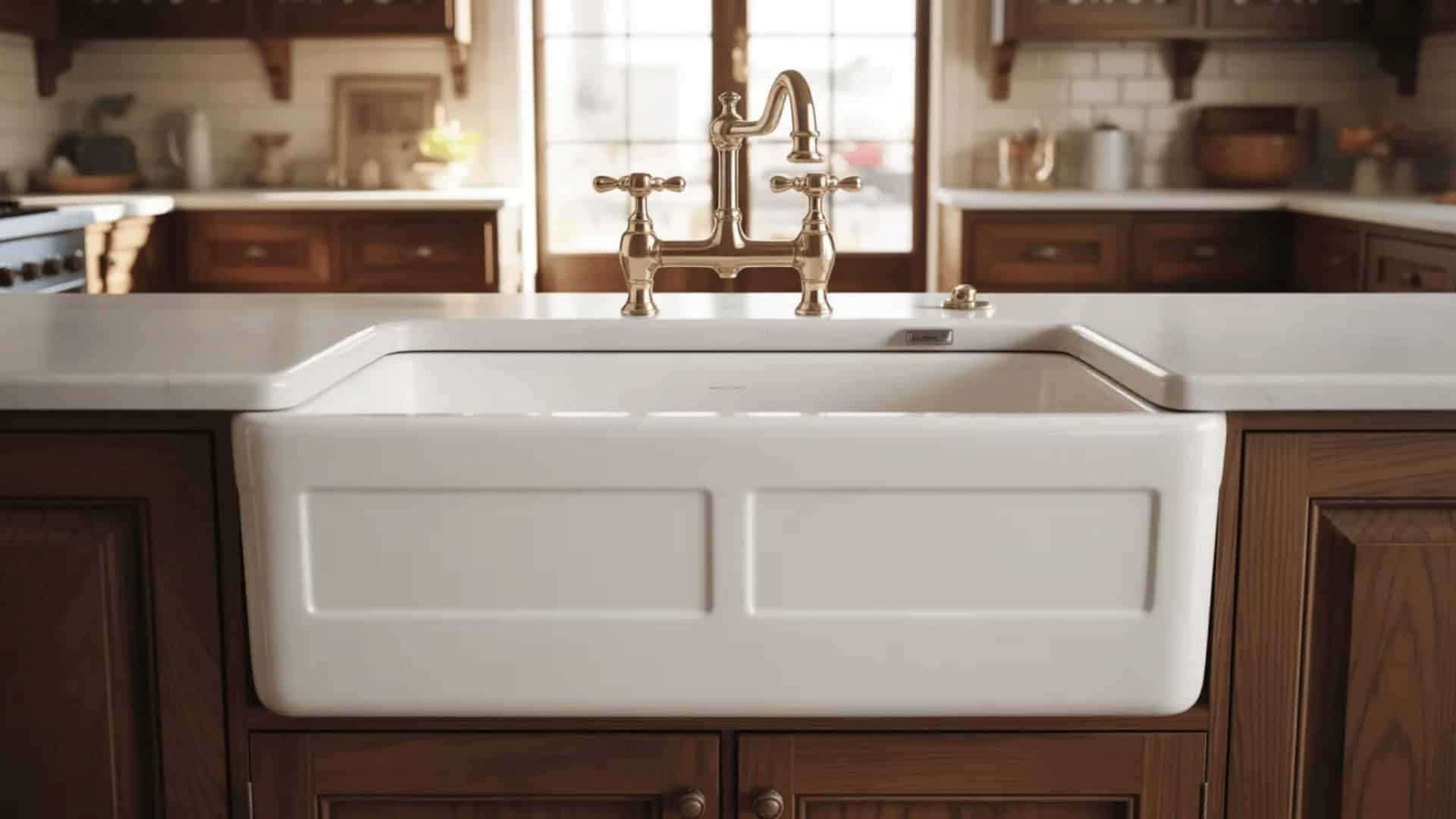 white fireclay farmhouse sink with exposed apron front, dark wood cabinets, and vintage bridge faucet in traditional kitchen (1)