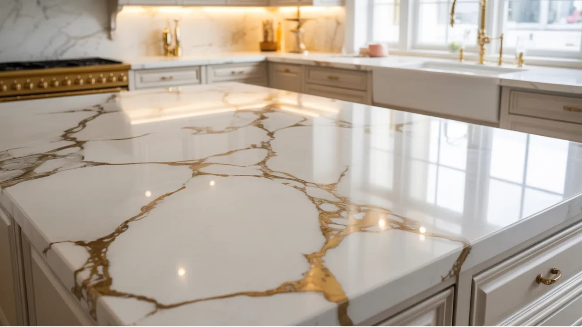 white marble countertops with gold veins are a luxurious, timeless choice
