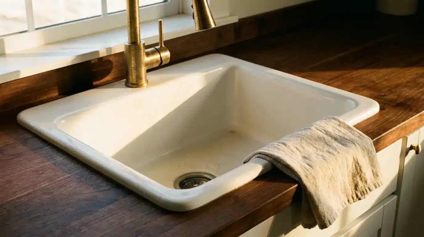 White farmhouse sink with brass faucet and towel on wooden countertop in bright kitchen