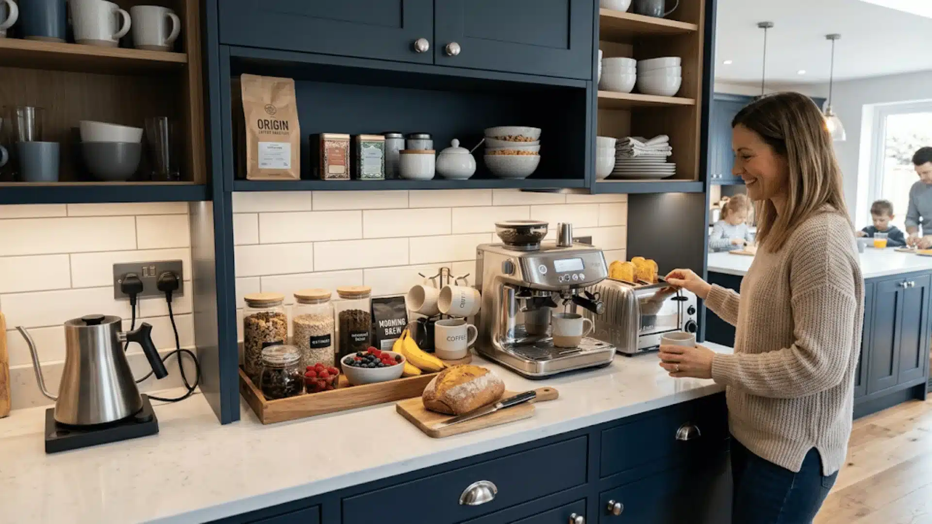 women standing in a simple and classy kitchen in blue color with the coffee machine on the counter top
