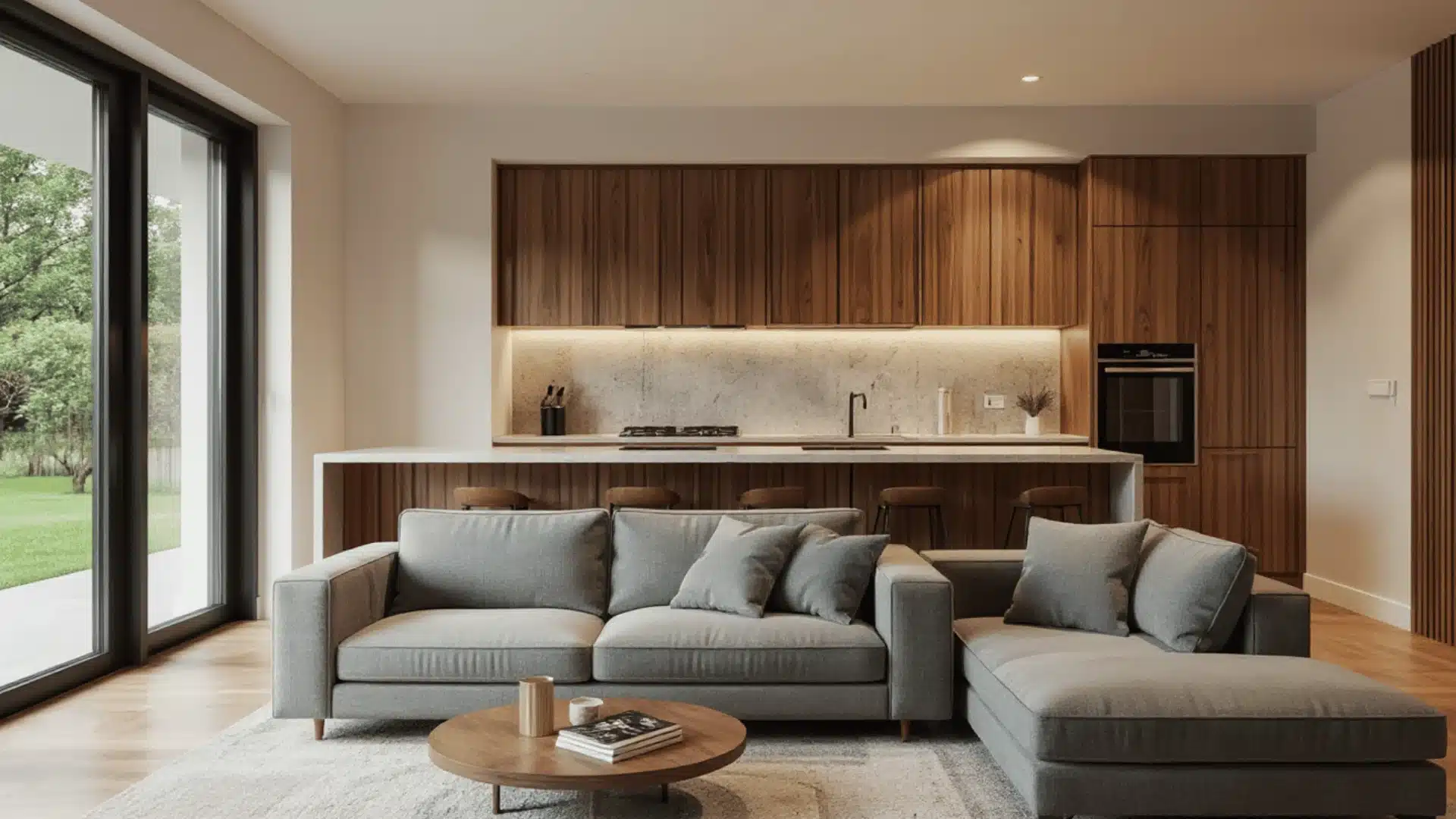 wood paneling feature wall in warm walnut, vertical slats behind sofa, integrated recessed lighting
