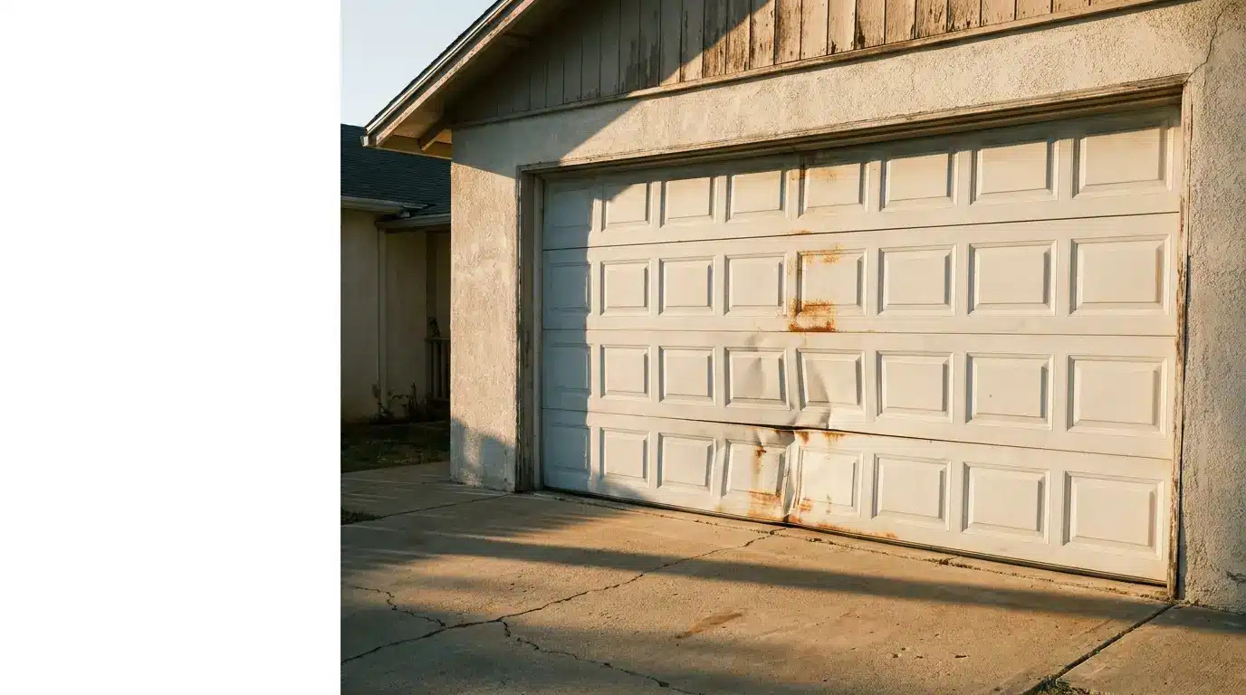 Rusty garage door with sunlight casting shadows on cracked concrete driveway