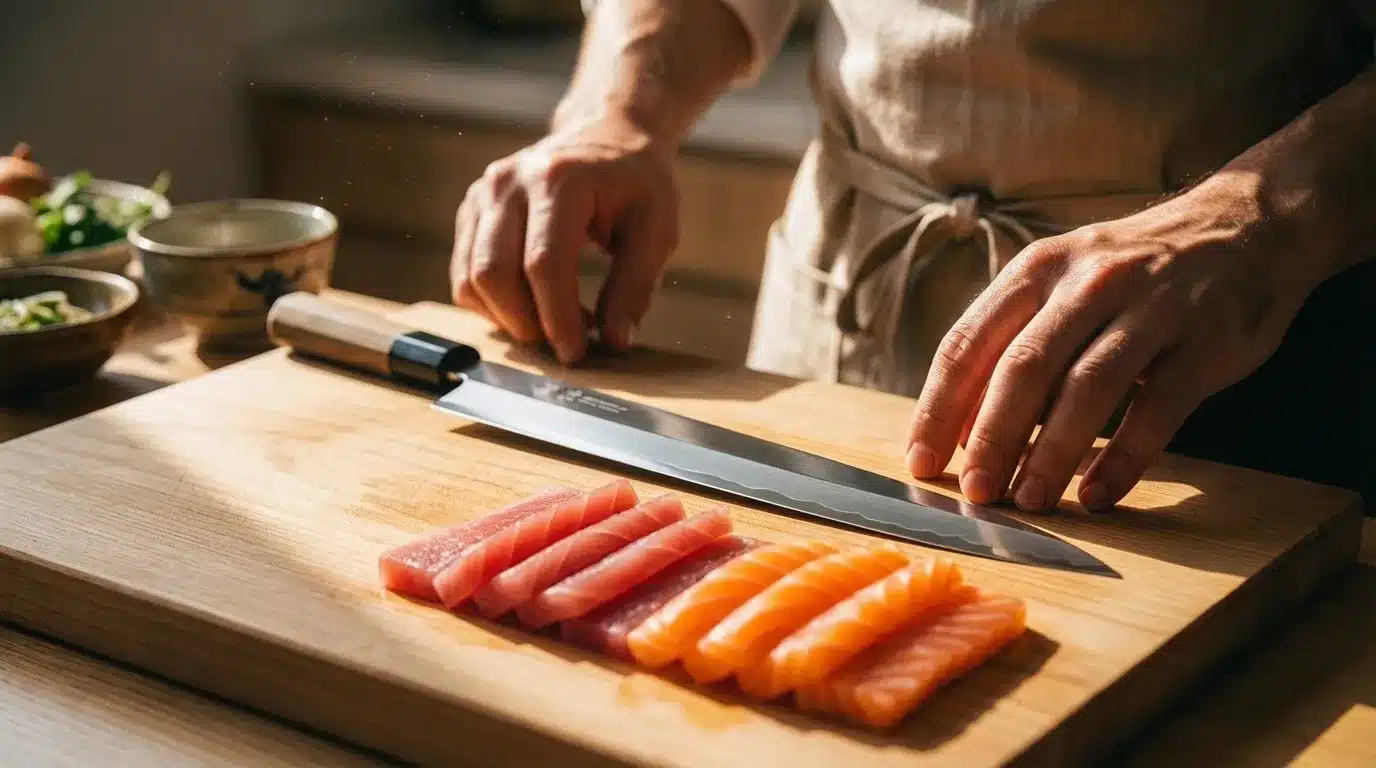 yanagiba knife on wooden board with sliced raw fish, showing long blade design used for smooth and clean slicing tasks