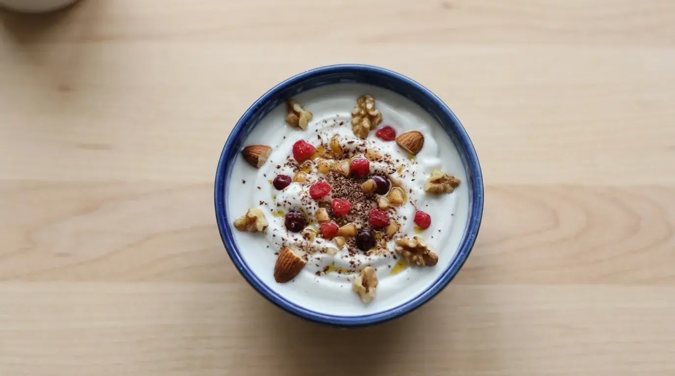 yogurt bowl with fruit centered on kitchen surface in natural light showing quick healthy lunch (1)