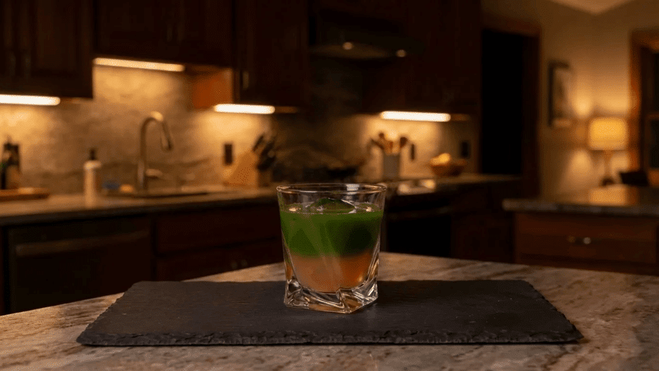 yuzu salty dog in a salt-rimmed rocks glass with matcha layered over grapefruit juice and ice