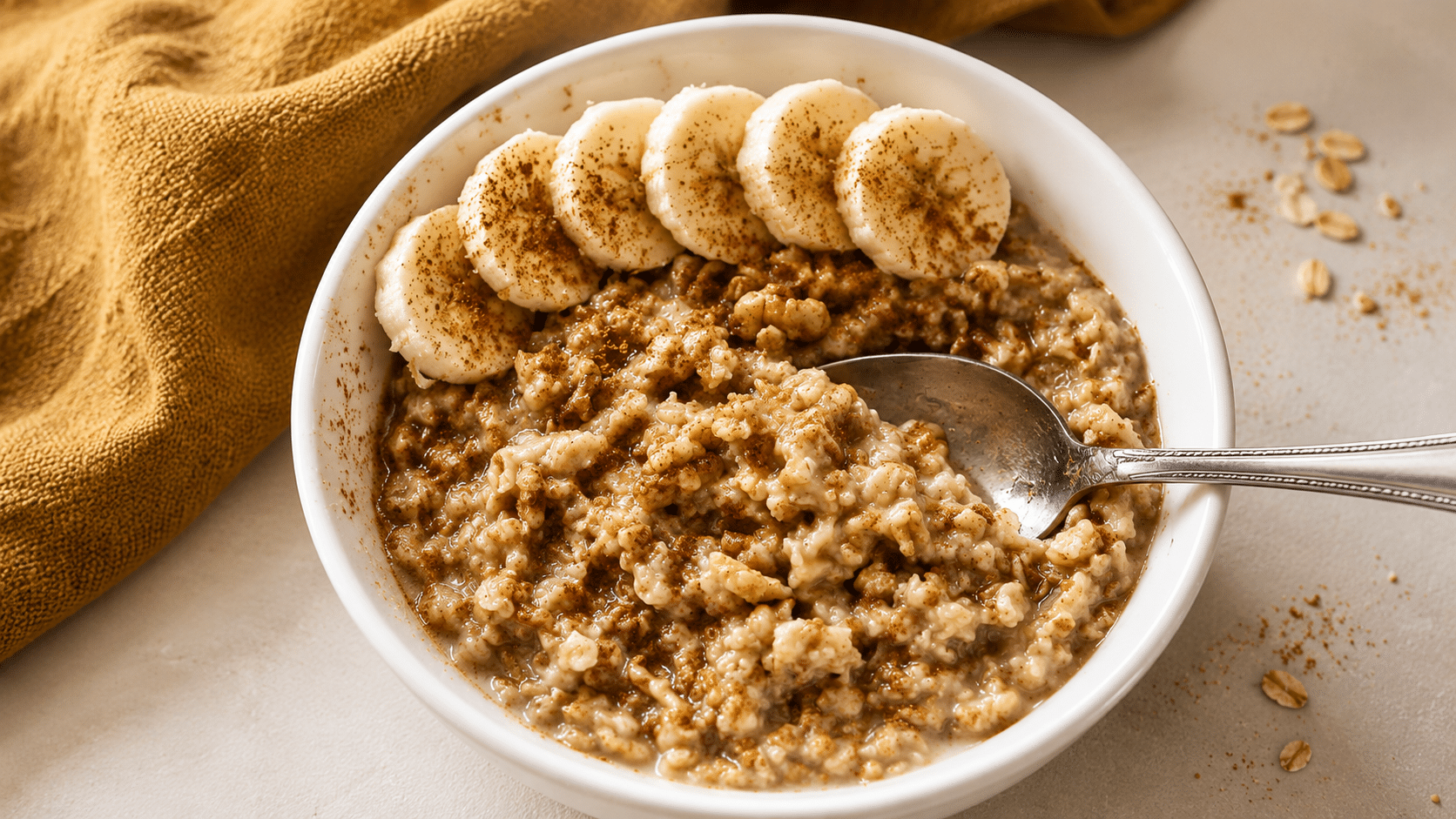 a bowl of creamy oatmeal topped with banana slices and cinnamon served with a spoon on a table beside scattered oats and a cloth