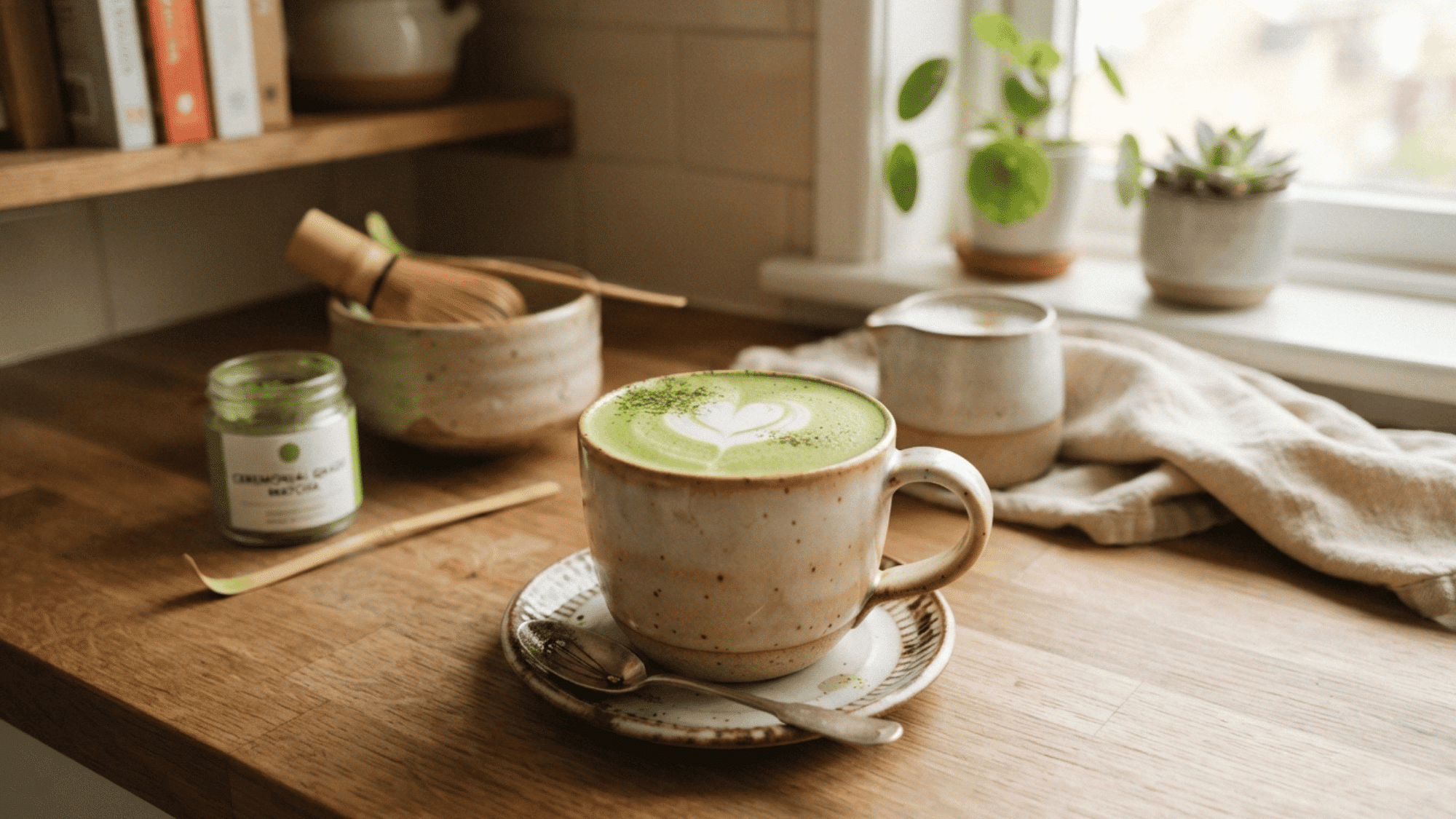 a ceramic cup of matcha latte with leaf latte art on a wooden table beside matcha tools and small plants near a bright window