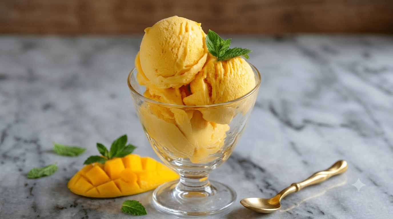 a clear glass bowl filled with scoops of bright yellow mango ice cream sits on a grey marble table garnished with fresh mint leaves next to the glass is a slice of scored mango and a gold spoon.