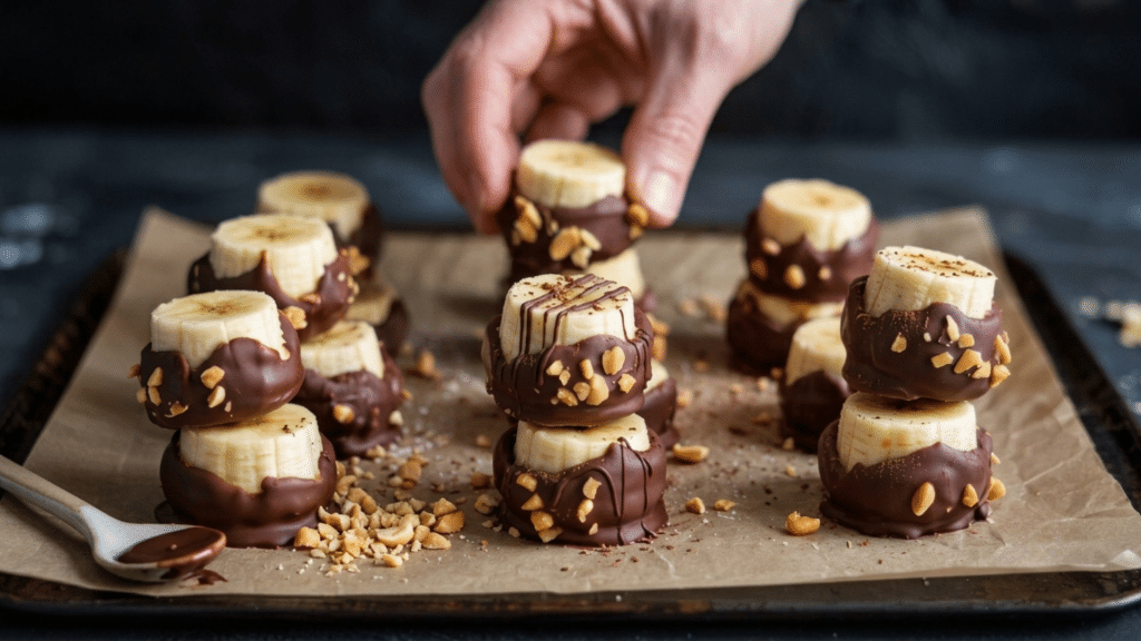 a close up shot of a hand placing a chocolate dipped banana slice topped with chopped nuts onto a baking sheet filled with similar banana treats.