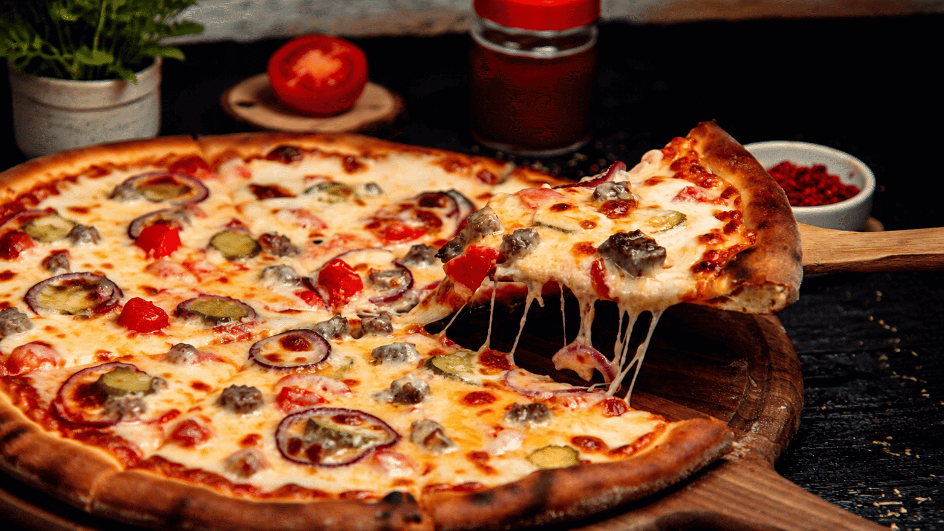 a freshly baked pizza topped with tomatoes olives mushrooms ham and melted cheese on a wooden board over a dark surface (1)