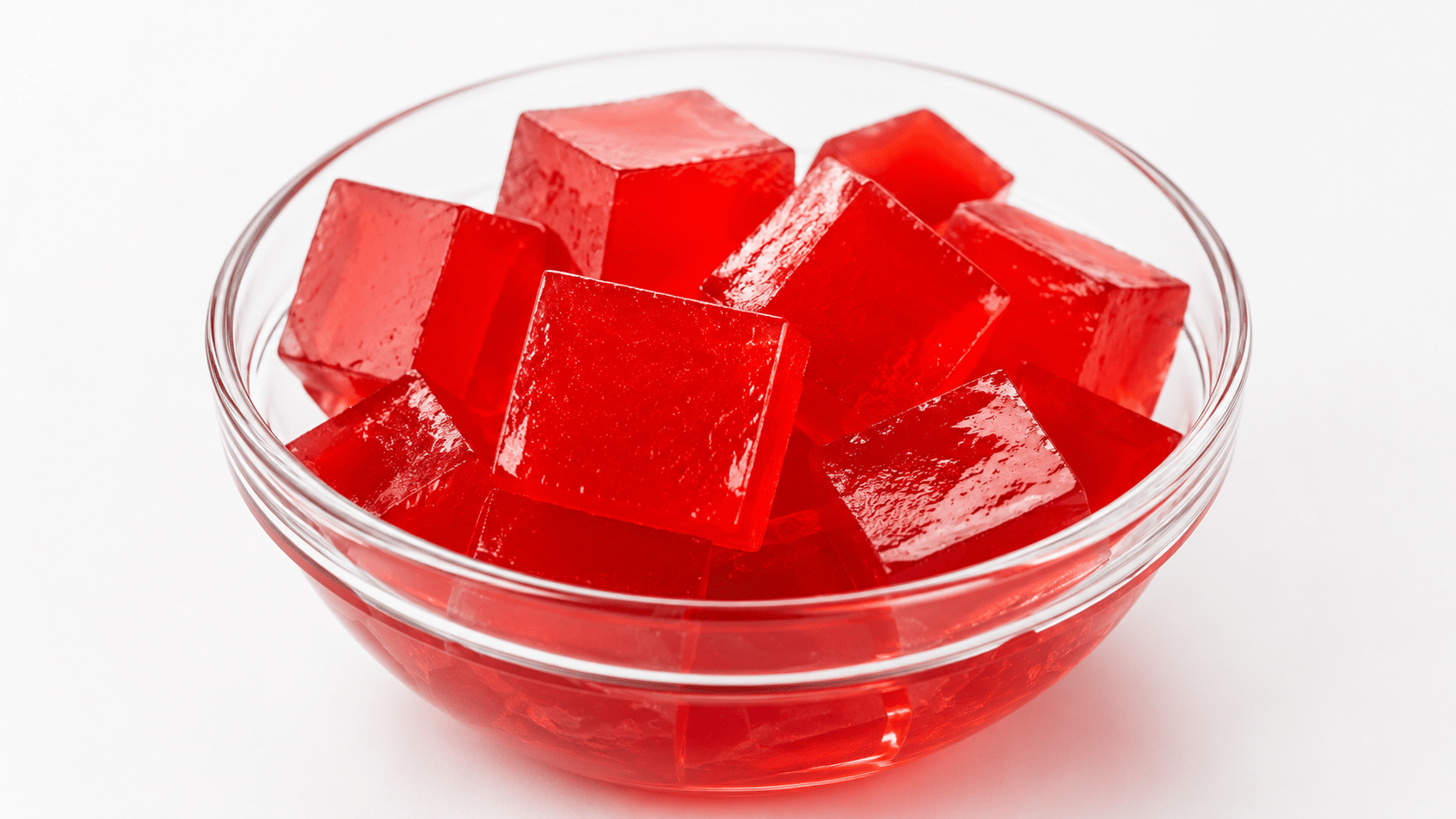 a glass bowl filled with bright red gelatin cubes arranged in neat squares on a clean white background