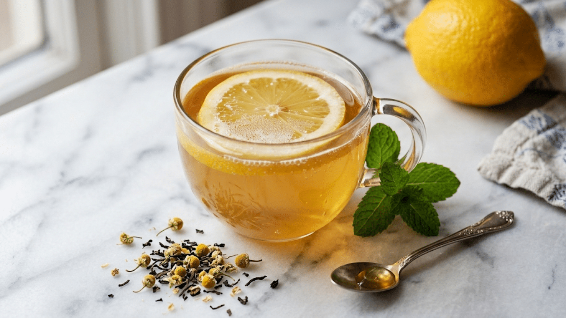 a glass cup of lemon gelatin tea with a fresh lemon slice mint leaves and dried herbs on a marble countertop