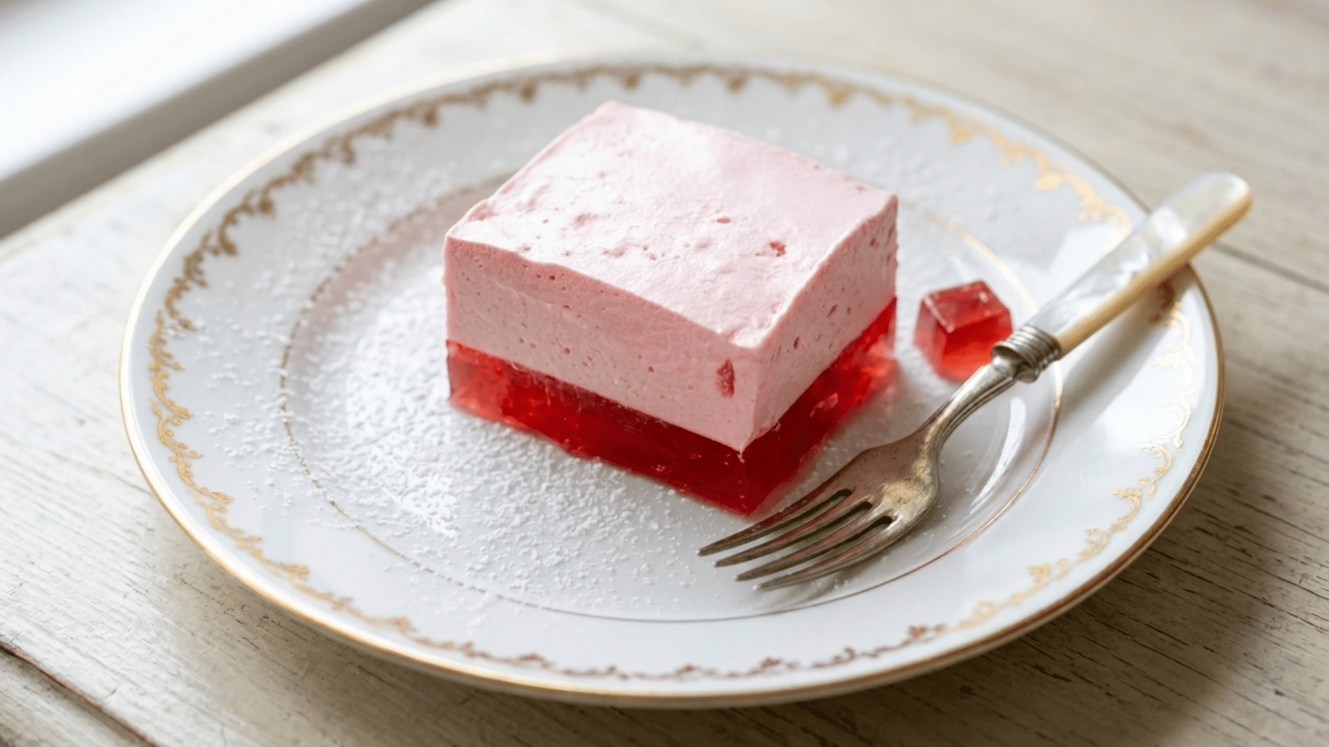 a glass of gelatin drink beside golden gelatin cubes on a white plate with a small bowl and spoon of gelatin powder in the background