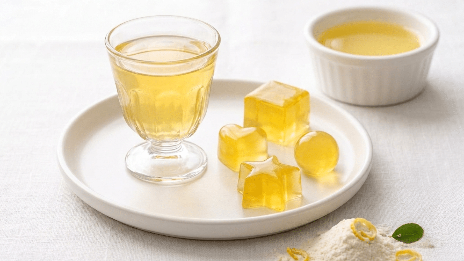 a glass of gelatin drink beside golden gelatin cubes on a white plate with a small bowl and spoon of gelatin powder in the background