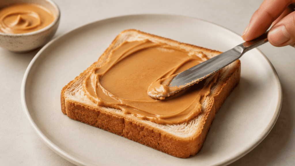 a hand spreading creamy peanut butter with a knife on a slice of white bread resting on a white plate with a small bowl nearby