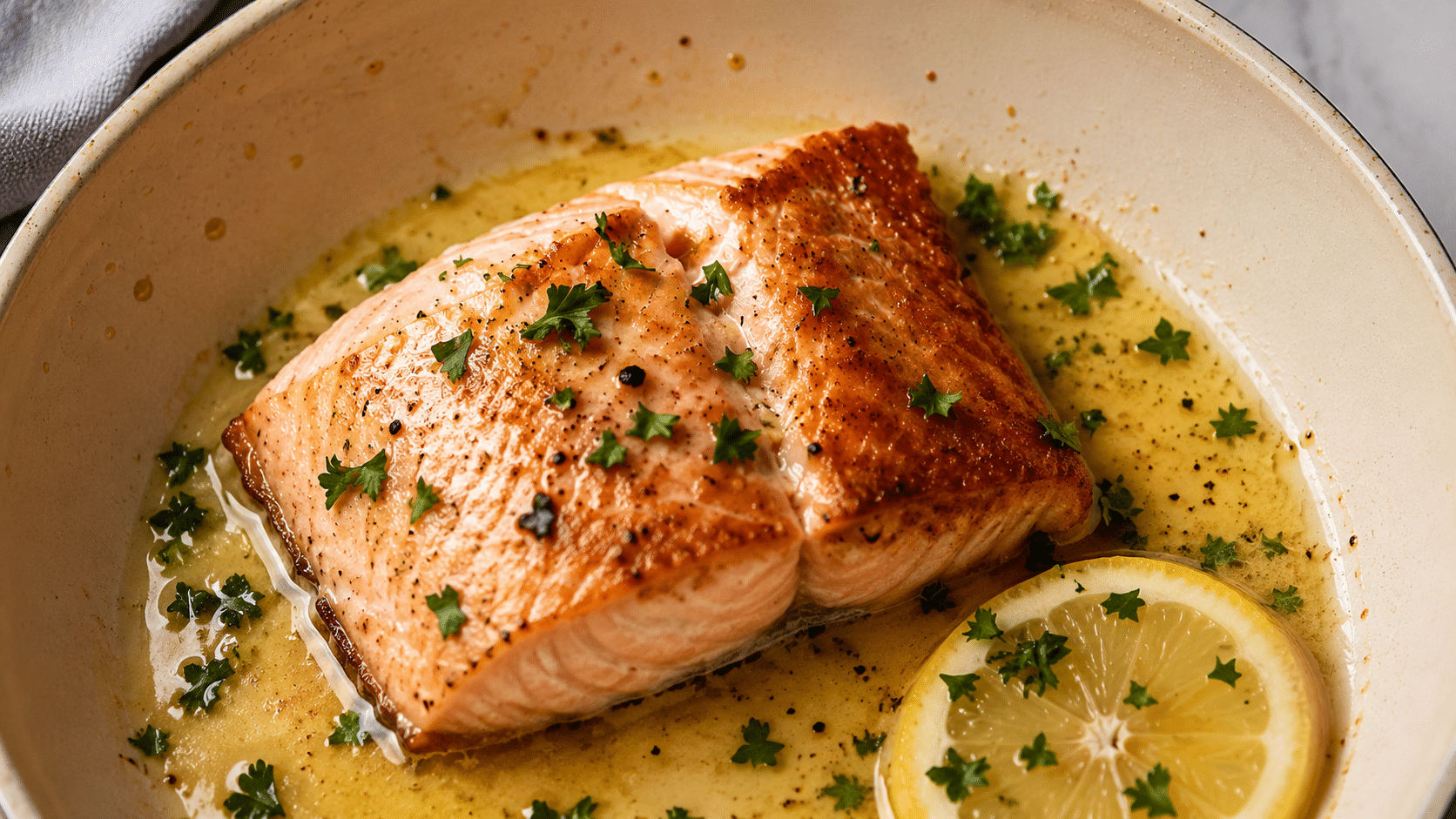 a pan seared salmon fillet in buttery lemon sauce topped with fresh parsley and served with a lemon slice in a skillet