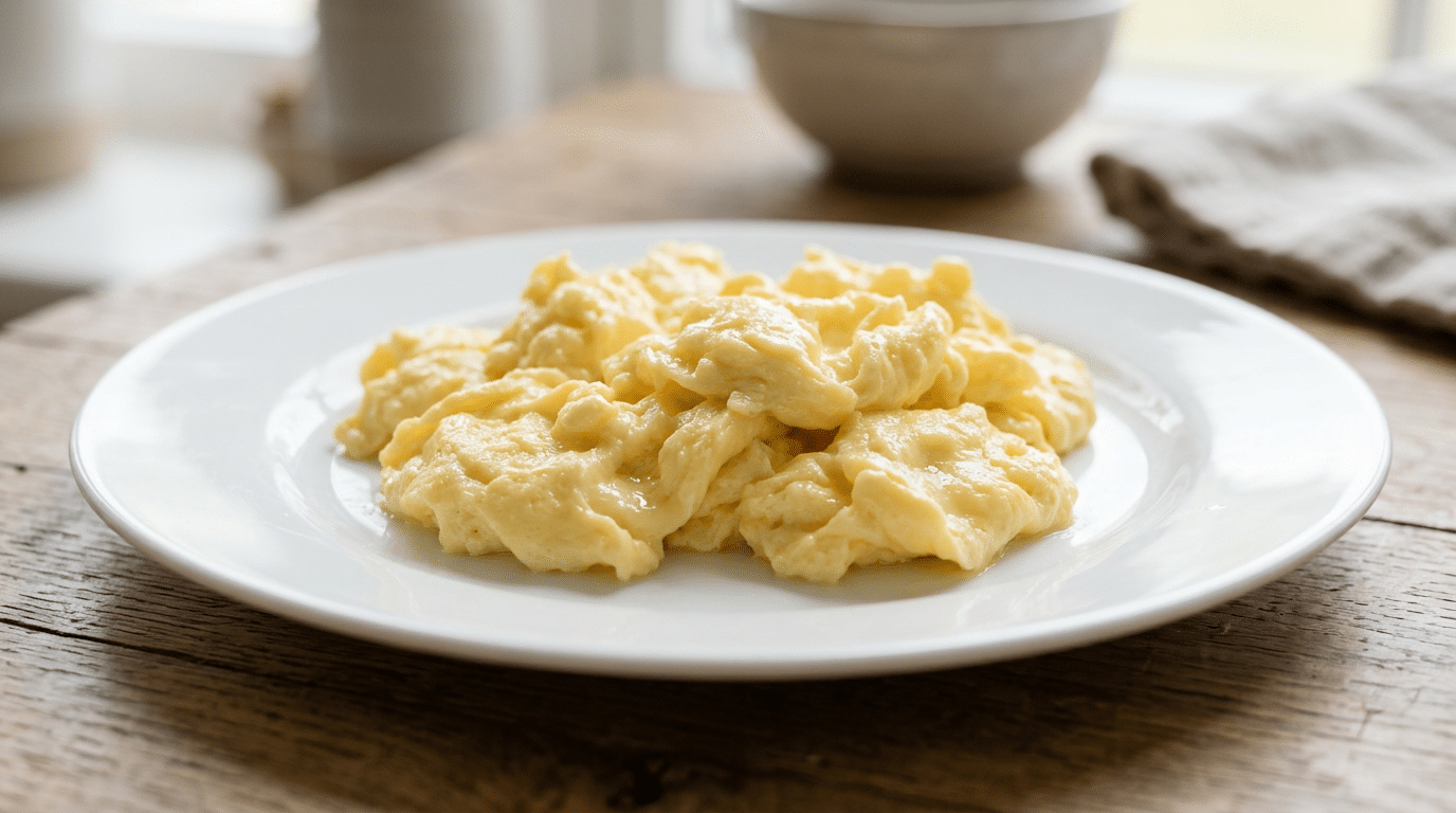 a plate of fluffy scrambled eggs served on a white dish resting on a rustic wooden table in soft natural daylight