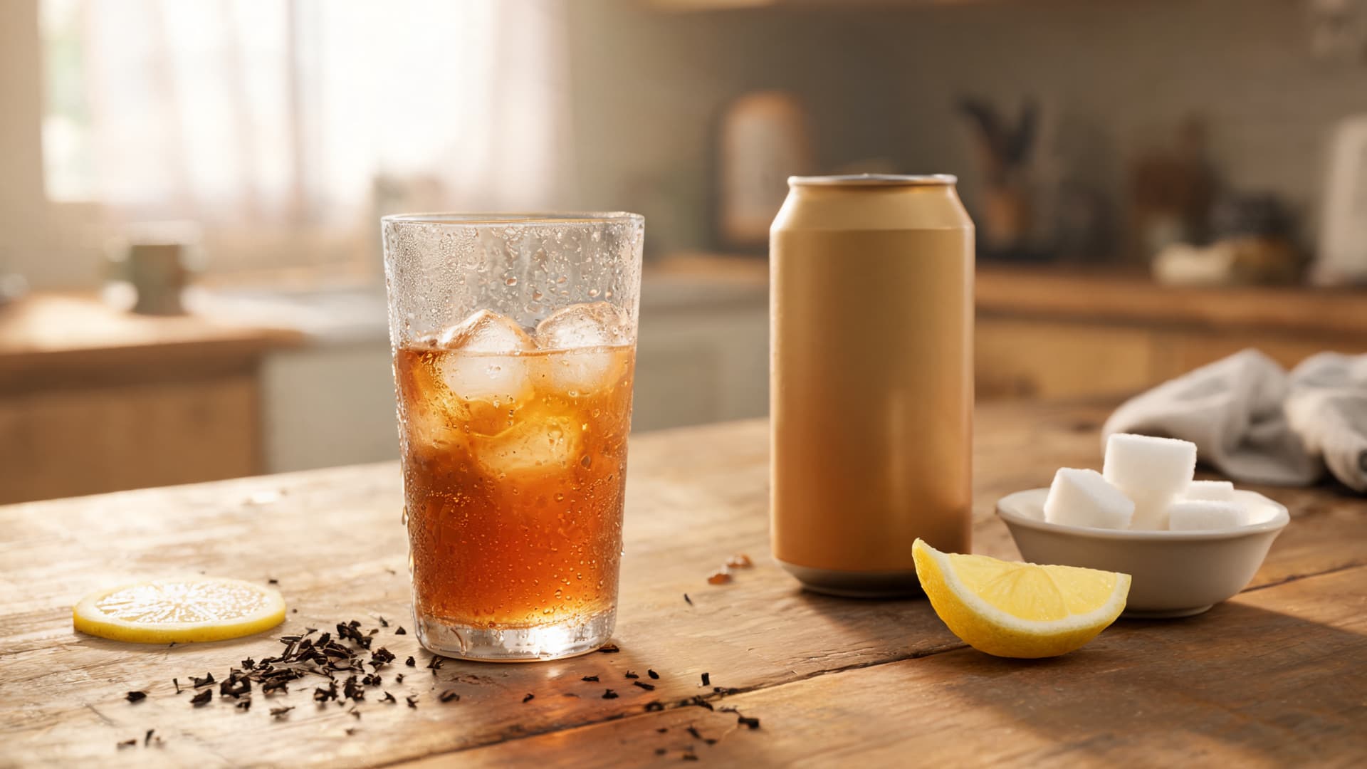 a refreshing glass of twisted tea and can on a wooden table with lemon slices sugar cubes and loose tea leaves in natural kitchen lighting