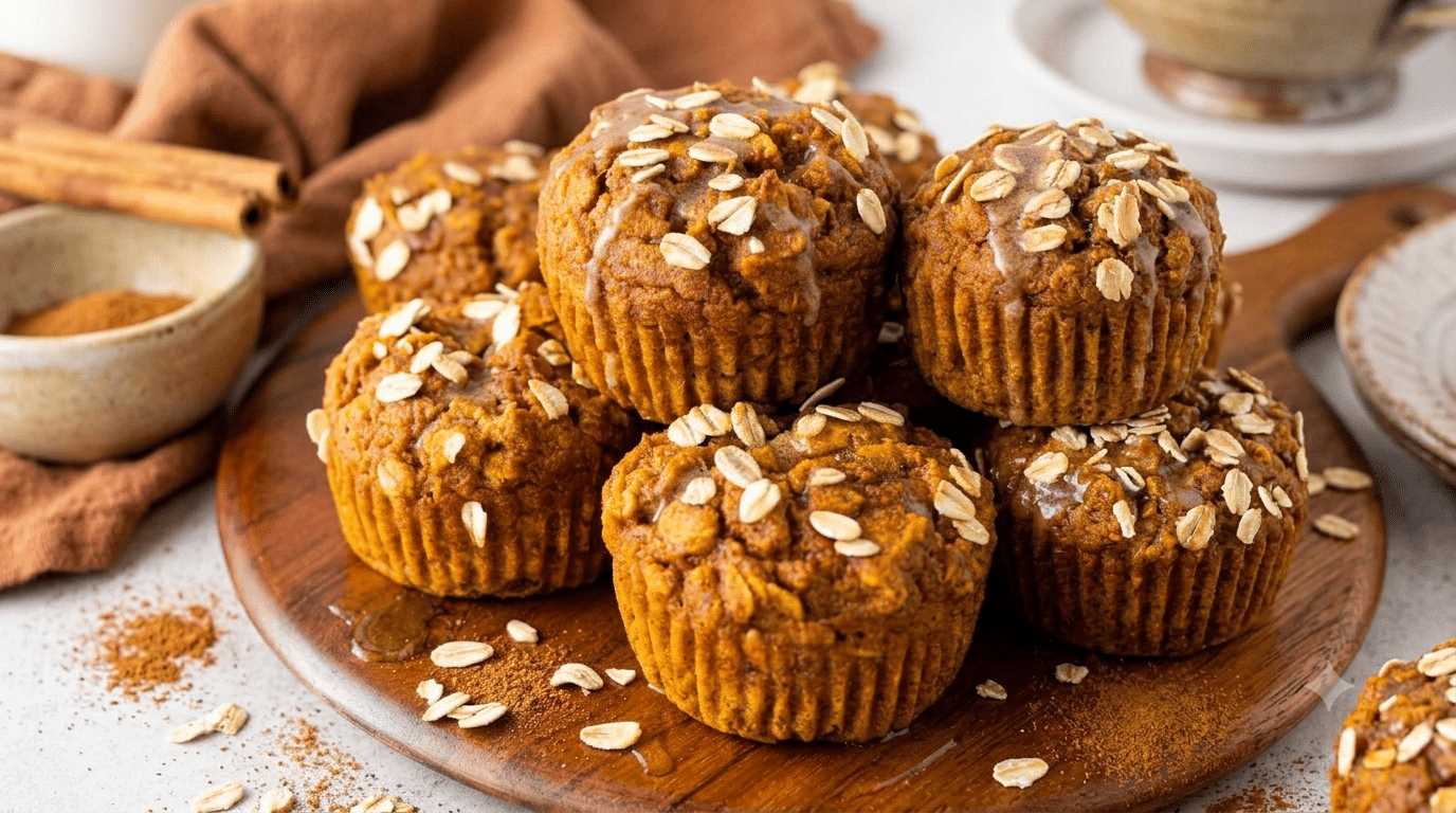 a stack of six pumpkin oatmeal muffins topped with a light glaze sits on a rustic wooden cutting board rolled oats loose cinnamon powder cinnamon sticks and a small bowl accent the warm, cozy back