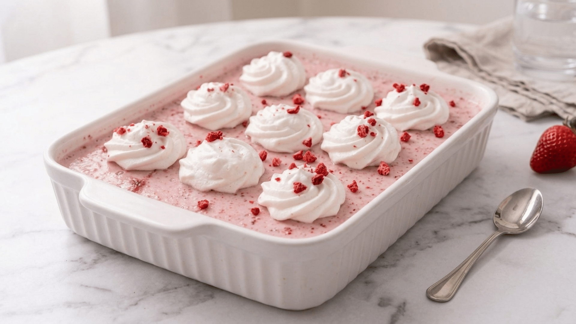 a strawberry gelatin dessert topped with whipped cream and dried berry pieces in a white dish beside fresh strawberries