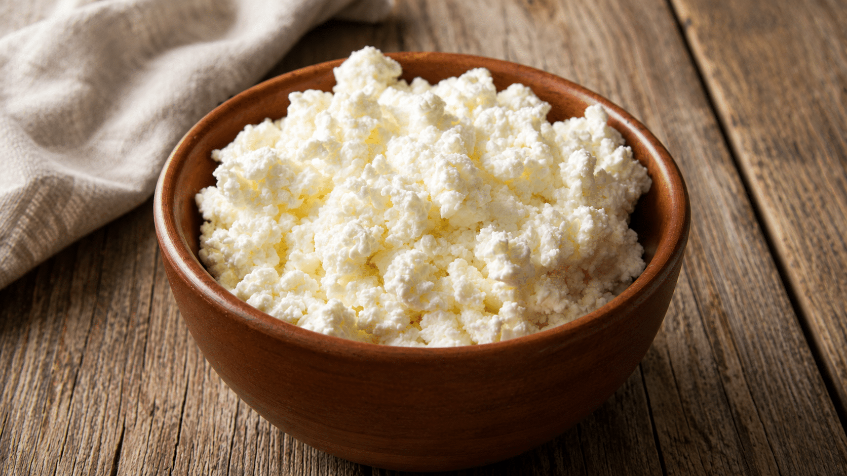 a wooden bowl filled with fresh cottage cheese on a rustic wooden table with a folded cloth in the background