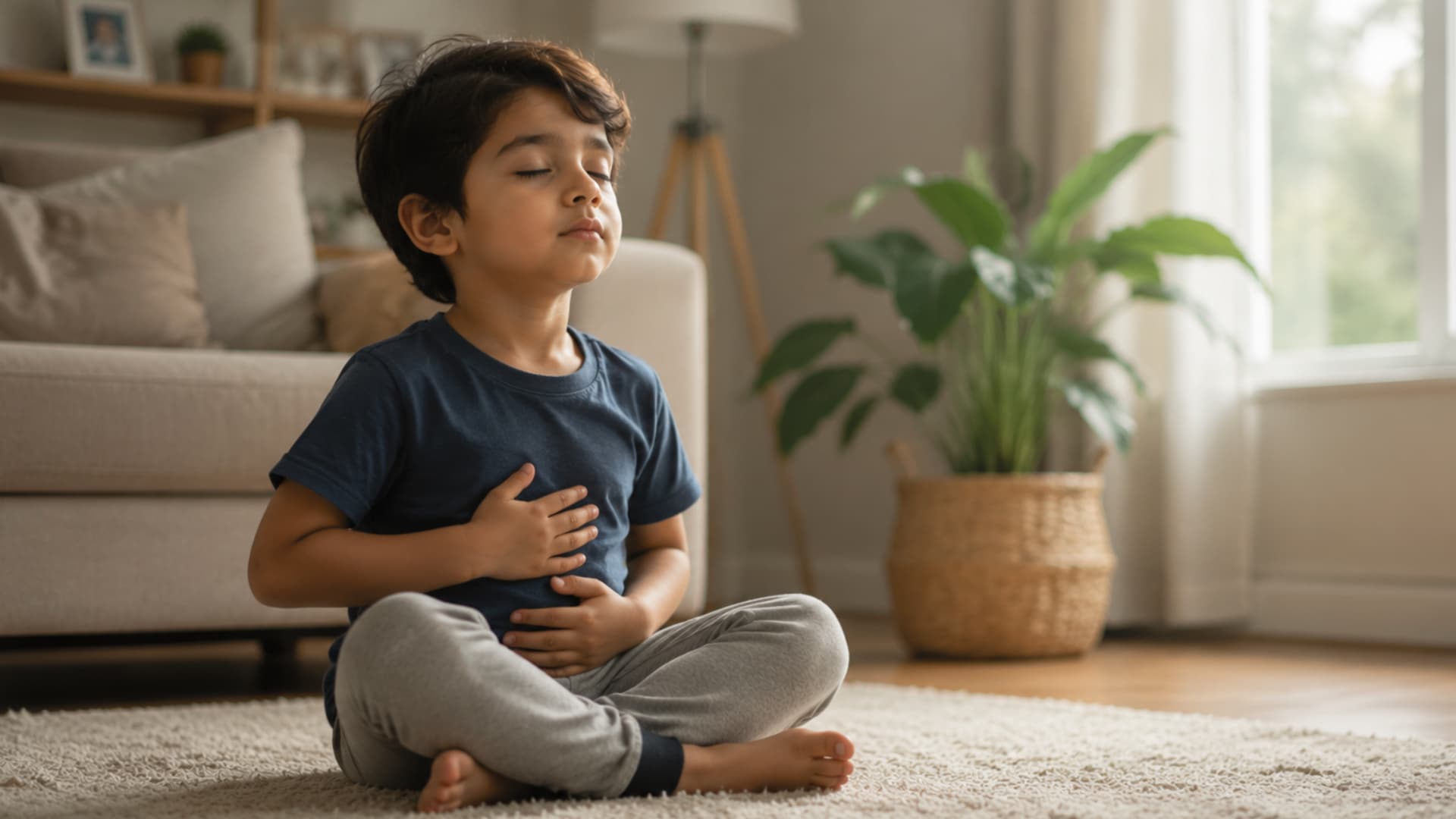 a young boy sitting cross legged on a carpet in a calm living room with eyes closed, practicing deep breathing