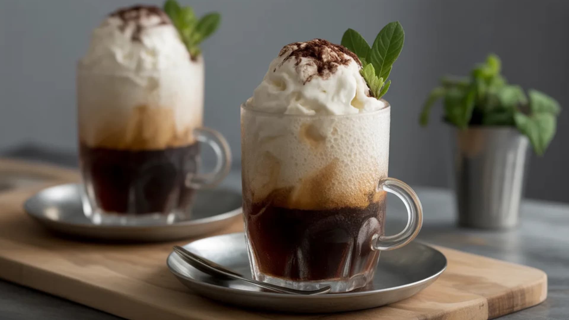 affogato coffee dessert with espresso poured over ice cream topped with whipped cream and cocoa and mint