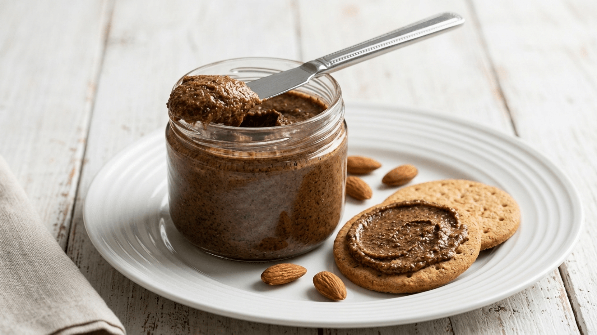 almond butter spread on toast with almonds nearby and nutrition facts covering protein fiber vitamins and healthy fats