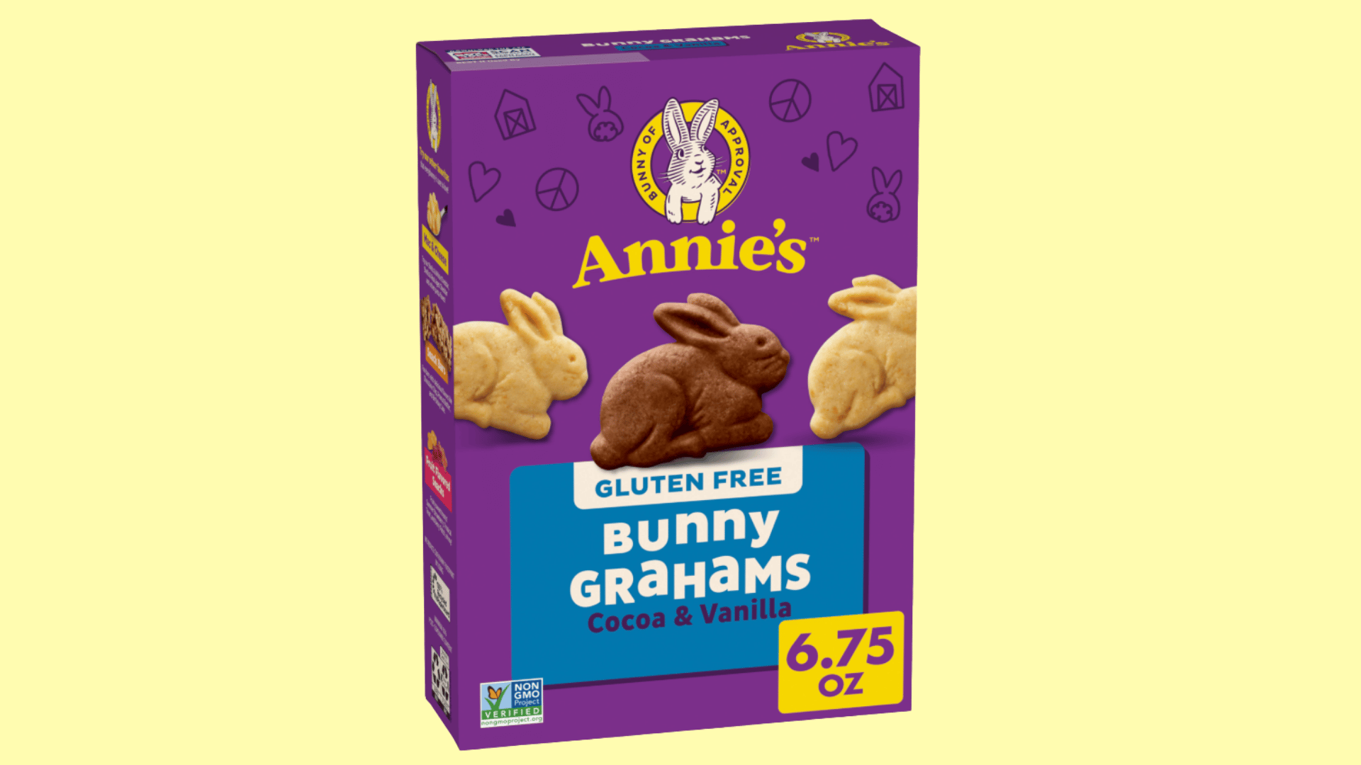 annies gluten free bunny grahams cocoa and vanilla snack box with bunny shaped crackers on the package
