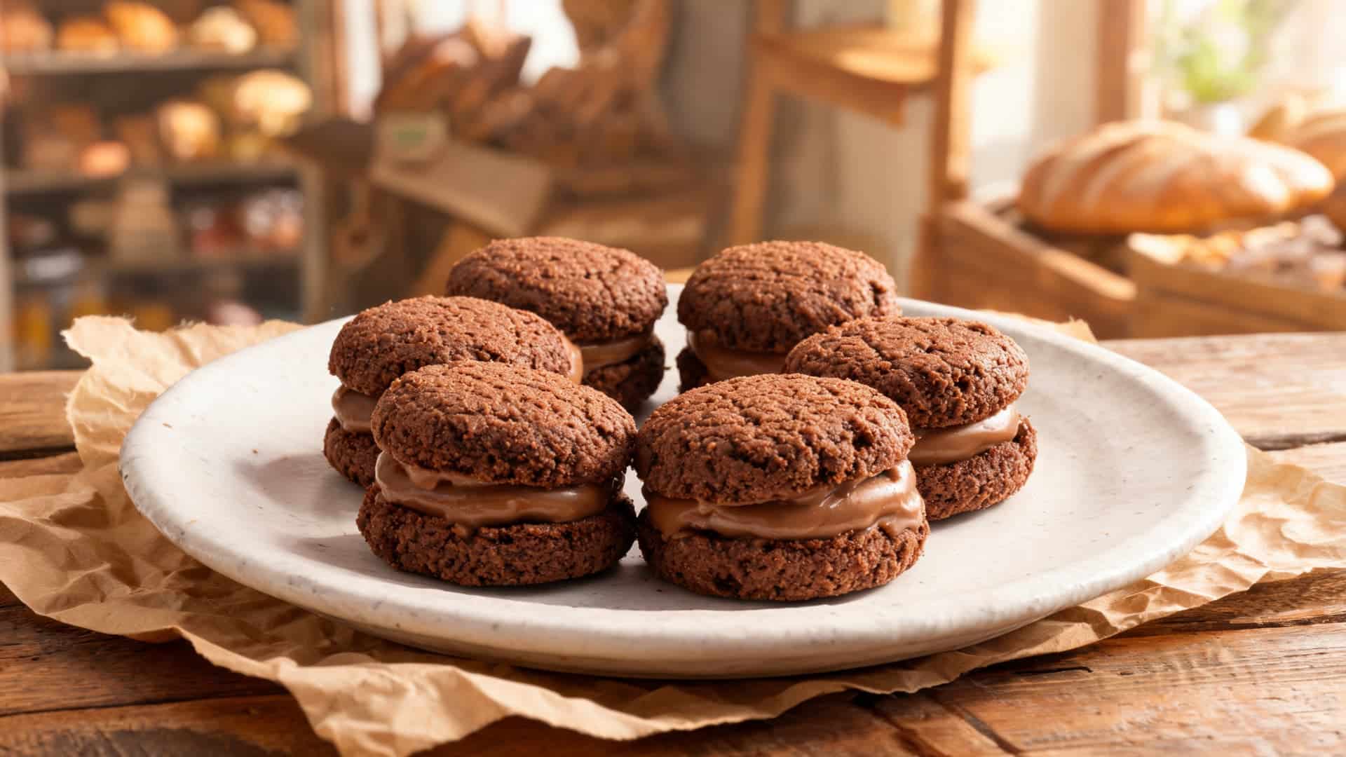 baci di alassio chocolate hazelnut sandwich cookies rustic bakery style arranged on parchment paper warm light
