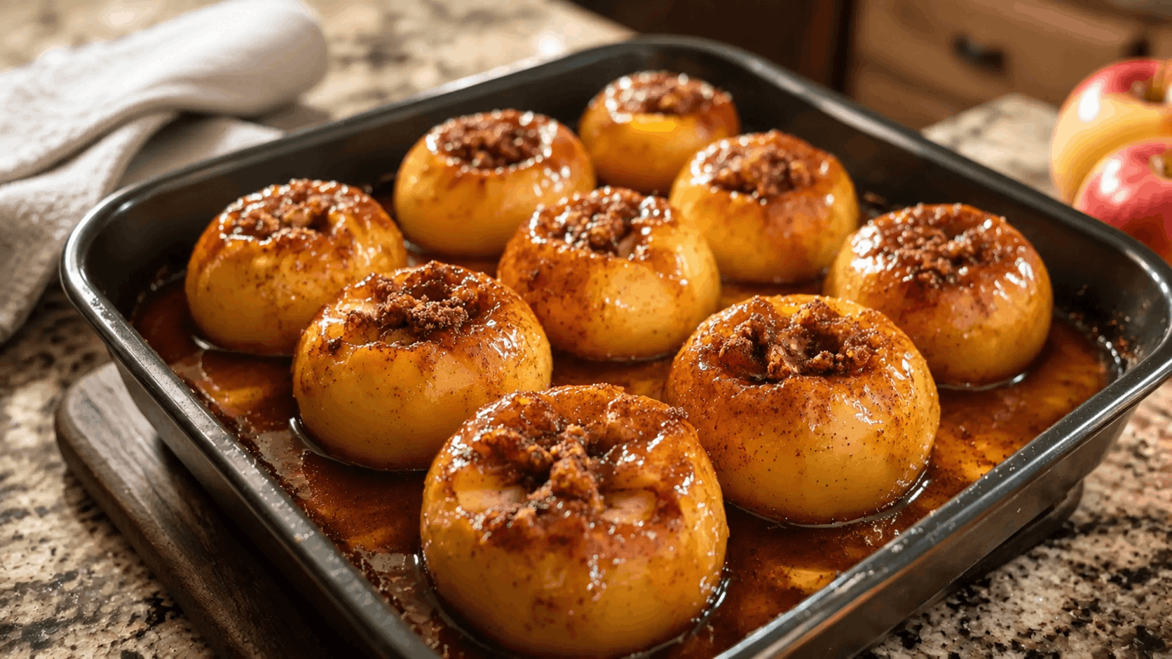 baked cinnamon apples filled with spiced topping and caramel sauce in a baking dish on a rustic kitchen countertop (1)