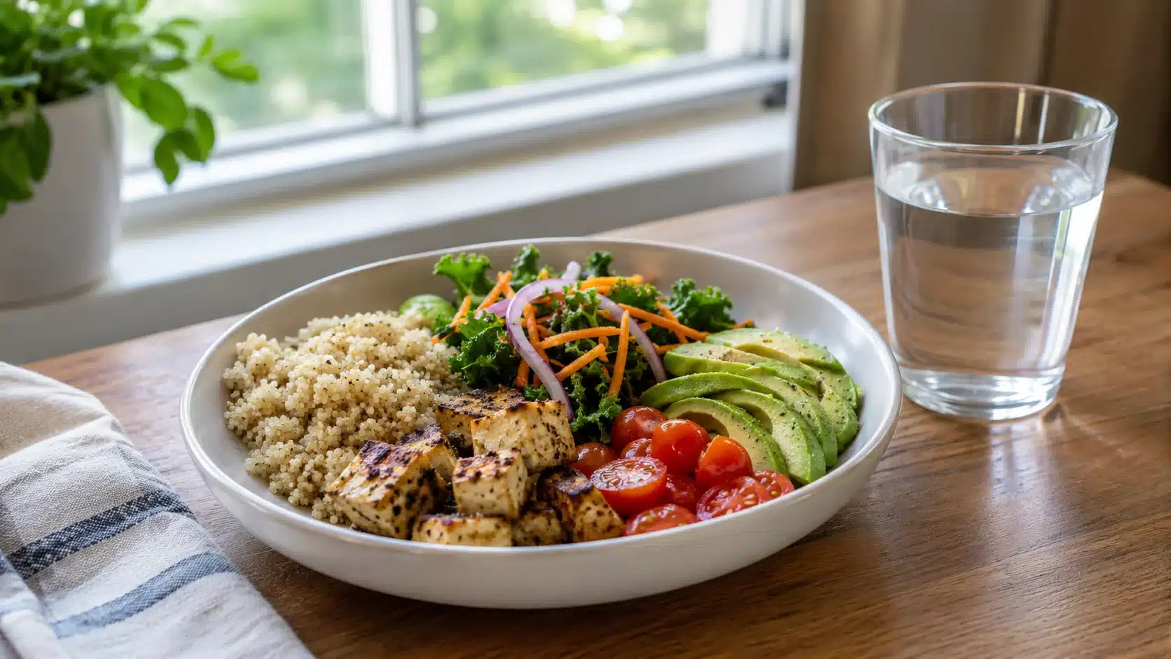 balanced meal with protein fiber and water showing body care in how to work on yourself