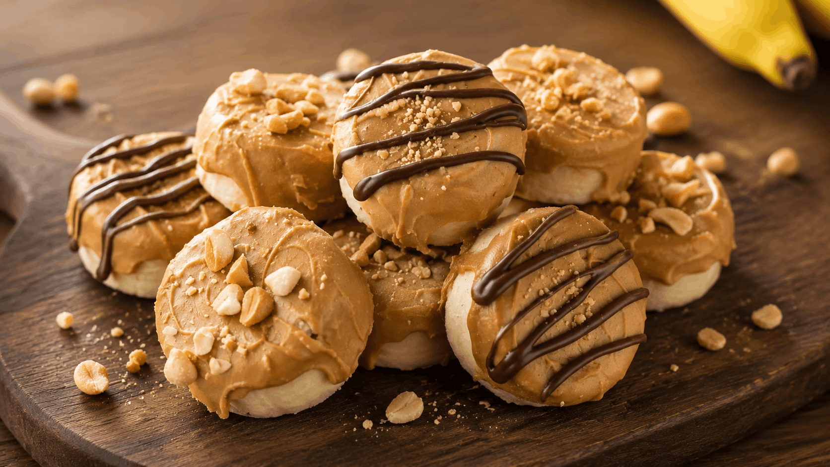 banana slices topped with creamy peanut butter dark chocolate drizzle and chopped peanuts on a rustic wooden board
