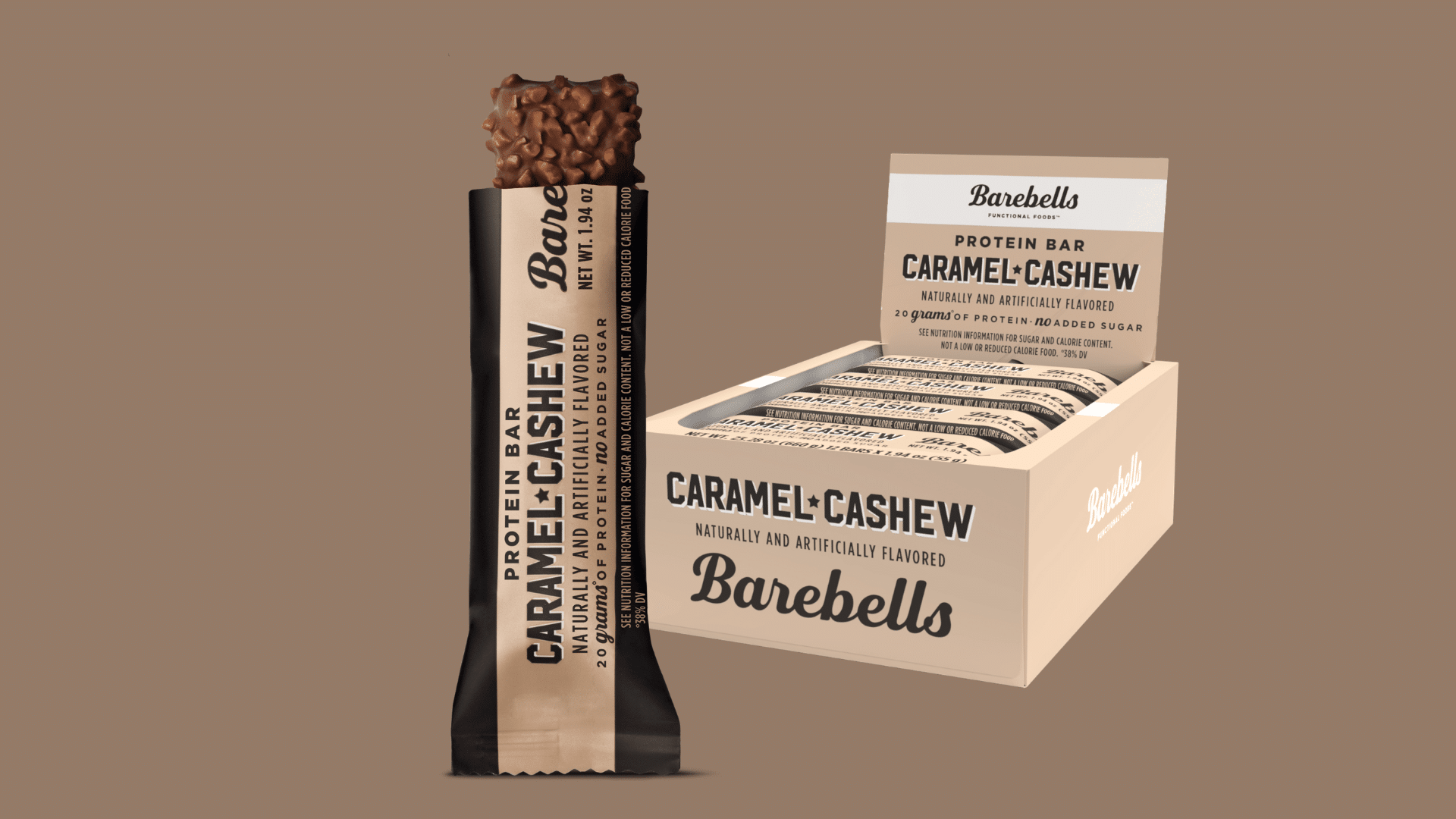 Barebells Caramel Cashew protein bar package with an opened box and single bar displayed on a neutral background.