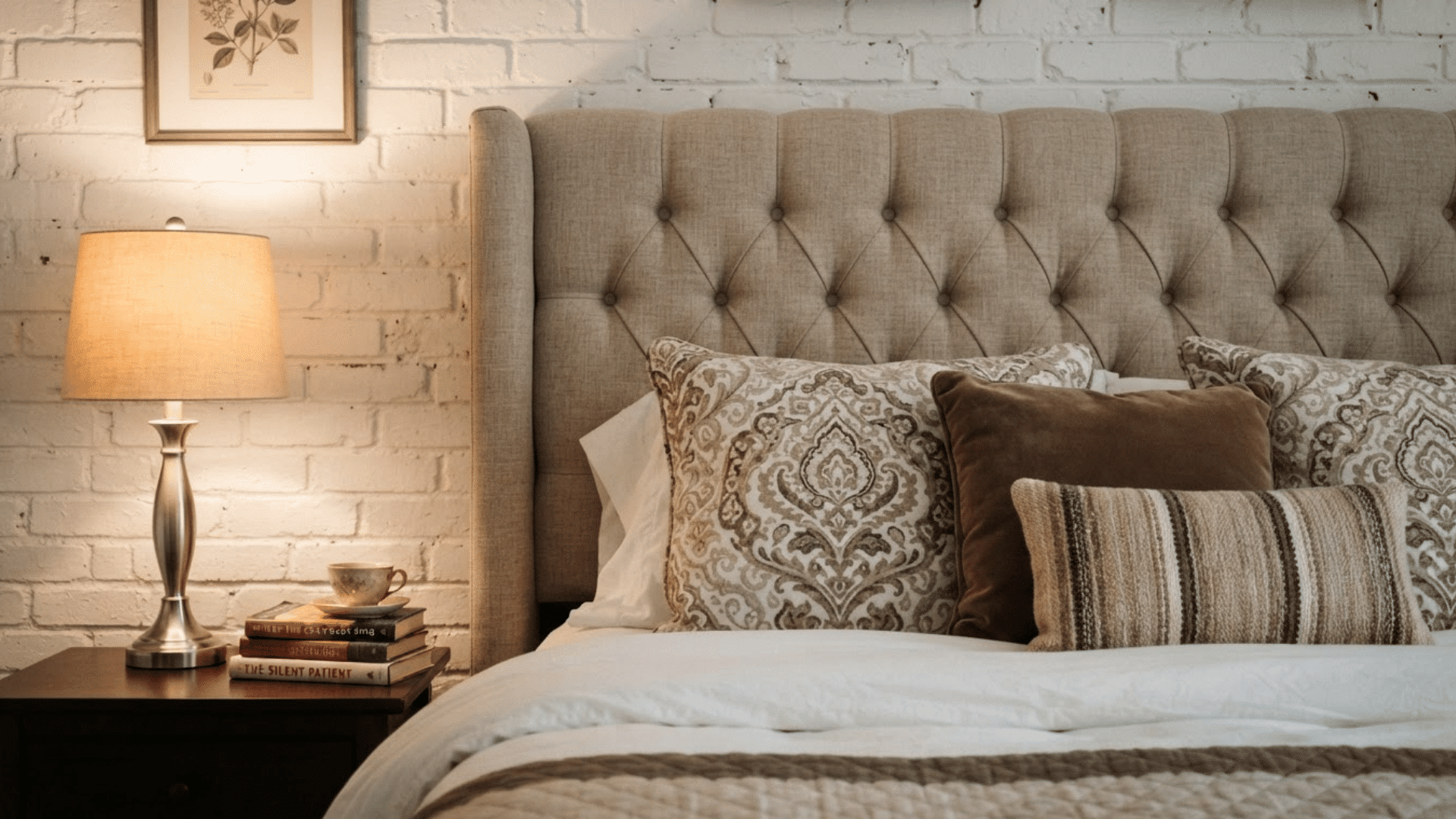 beige wingback upholstered headboard with tufted details and patterned pillows in a cozy bedroom with bedside lamp
