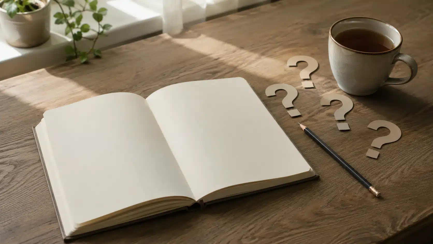 blank notebook with question symbols showing better reflection for how to work on yourself