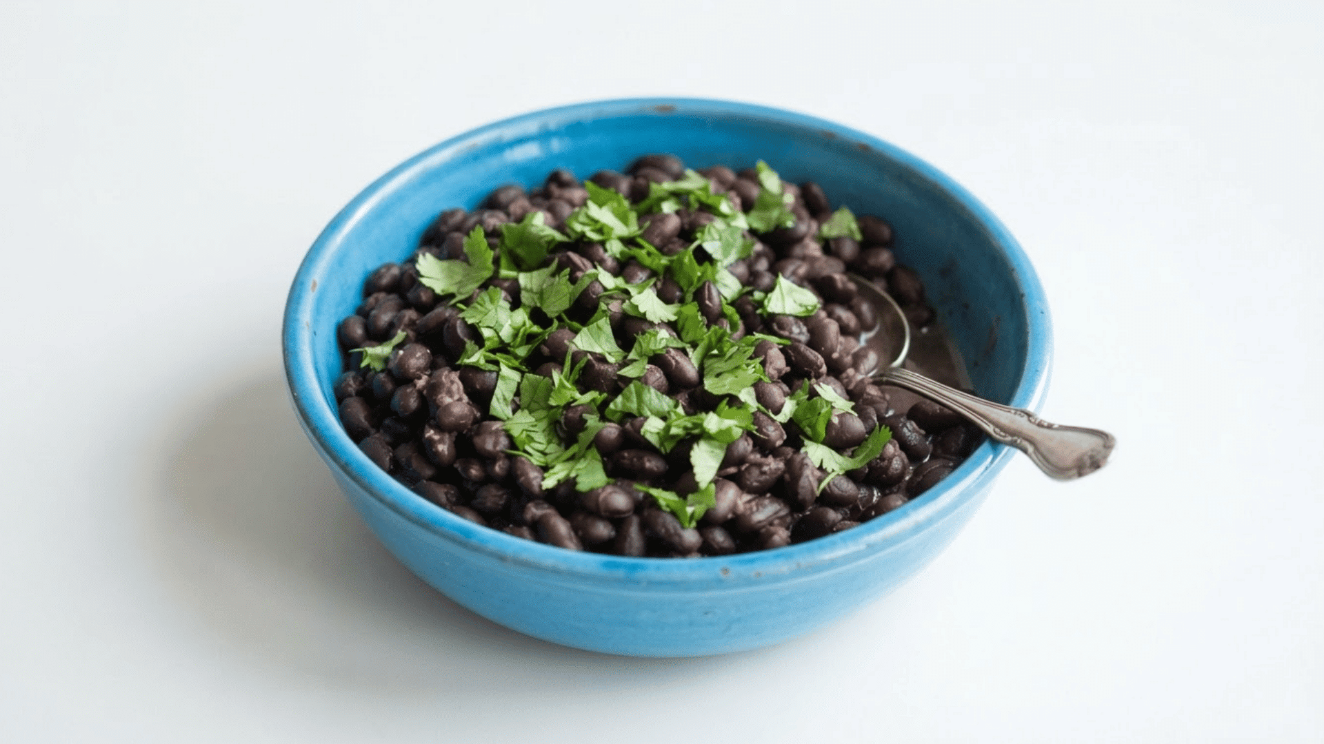 blue bowl filled with cooked black beans topped with fresh cilantro on a clean white background