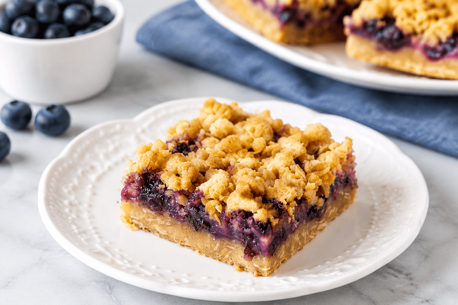blueberry crumble bars with golden oat topping and berry filling served on a white plate with fresh blueberries