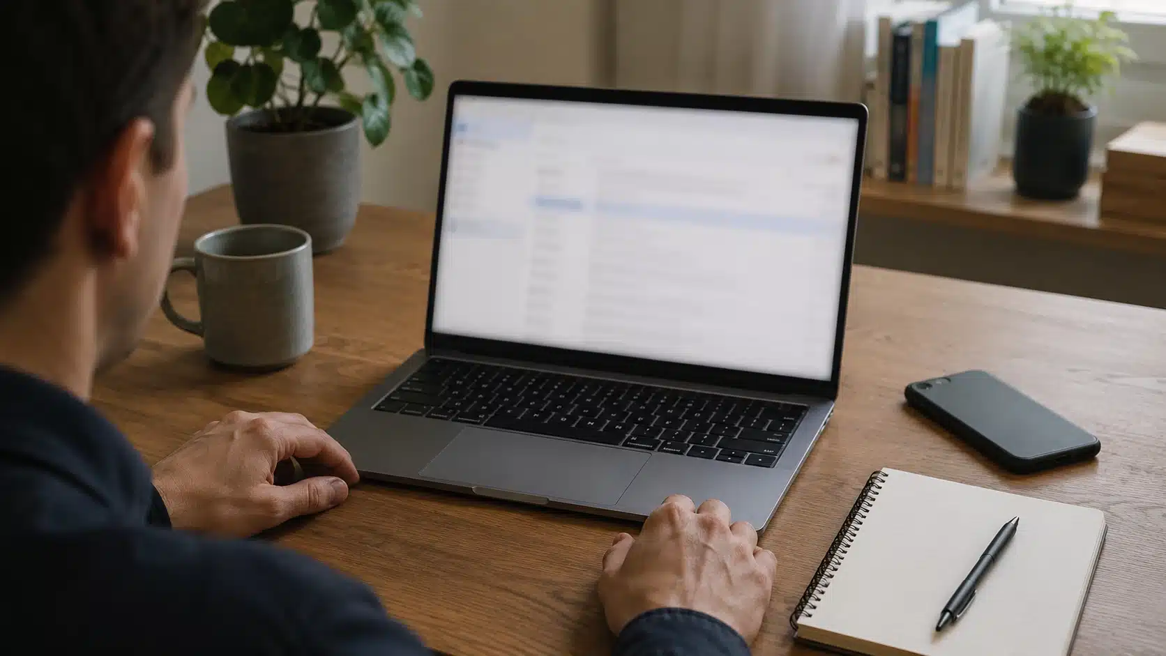 blurred email inbox with hands paused away from the keyboard showing mindful email checking at work